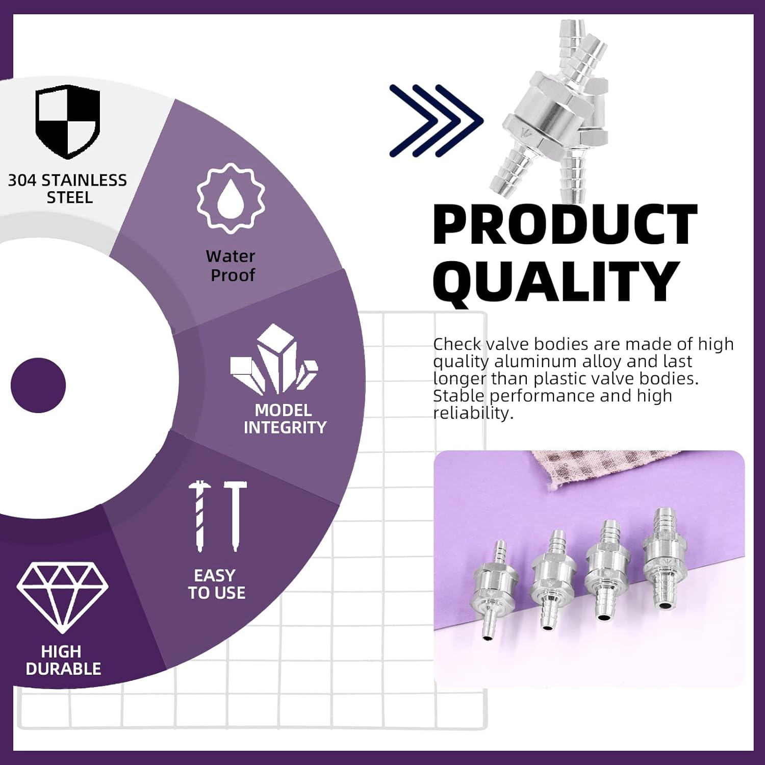 Swpeet 10Pcs 4 Sizes Fuel Non Return One Way Check Valve, 6Mm 8Mm 10Mm 12Mm Aluminum Alloy Fuel Oil Check Valve for One Way Petrol Diesel Gas with 6Pcs Universal Adjustable Hose Clamps image number 4