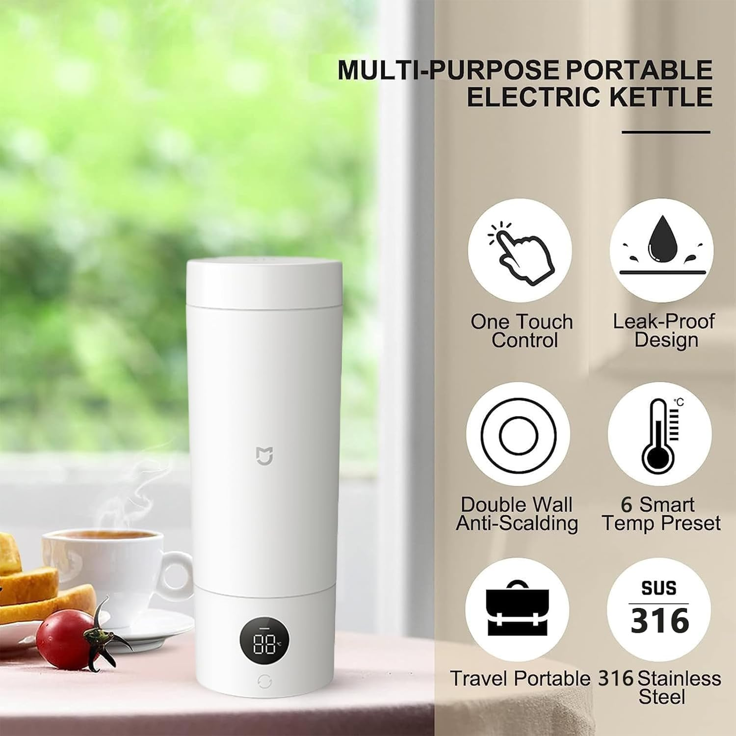 XIAOMI MIJIA Portable Electric Kettle, Small Hot Water Boiler with 6 Temperature Settings, 316 Stainless Steel, Fast Boiling Water with Auto Shut-Off and Boil Dry Protection, 220V (White) - Navy Blue image number 7