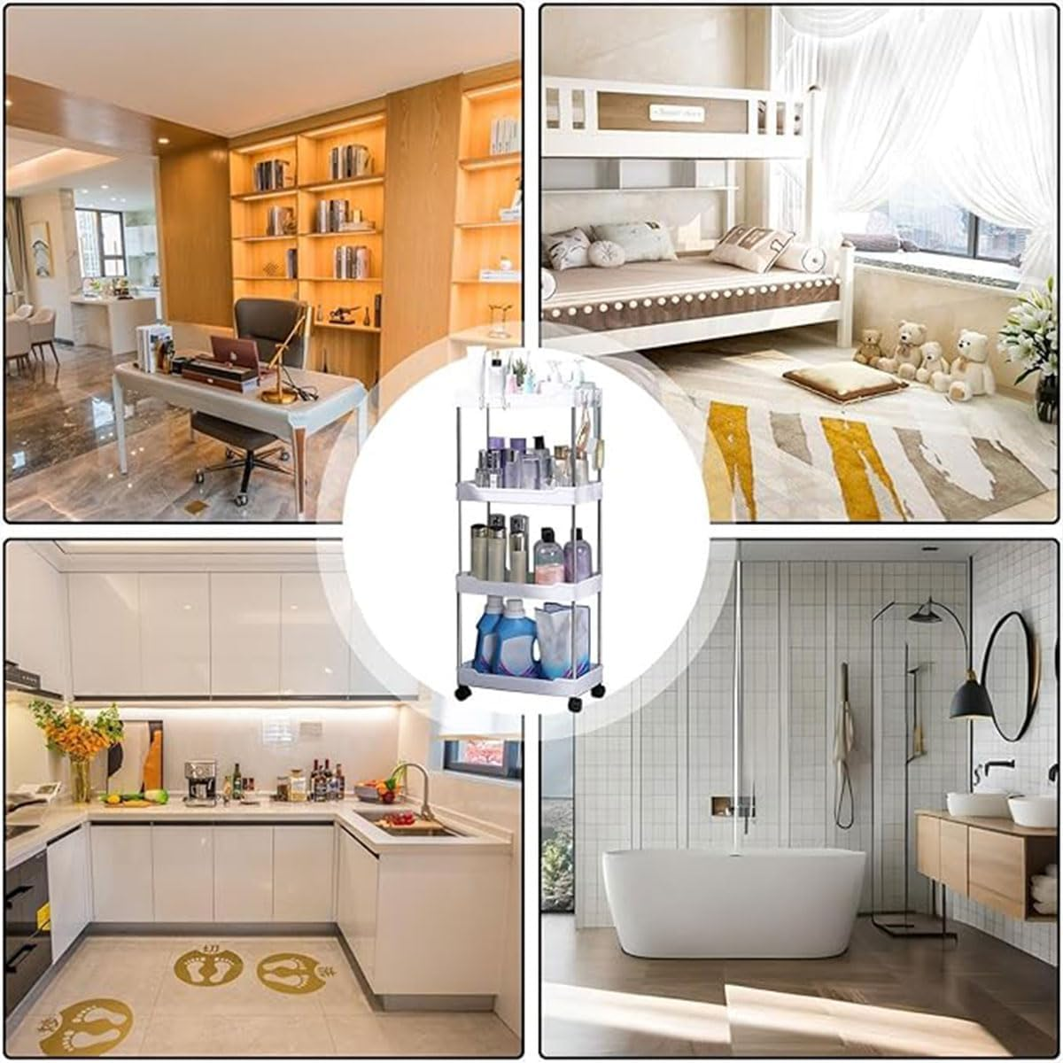 AIMALL Multi-Layer Bathroom Kitchen Storage Trolley Rack, Rolling Utility Organizer, Stainless Steel and Plastic, Easy to Assemble, White and Black image number 2