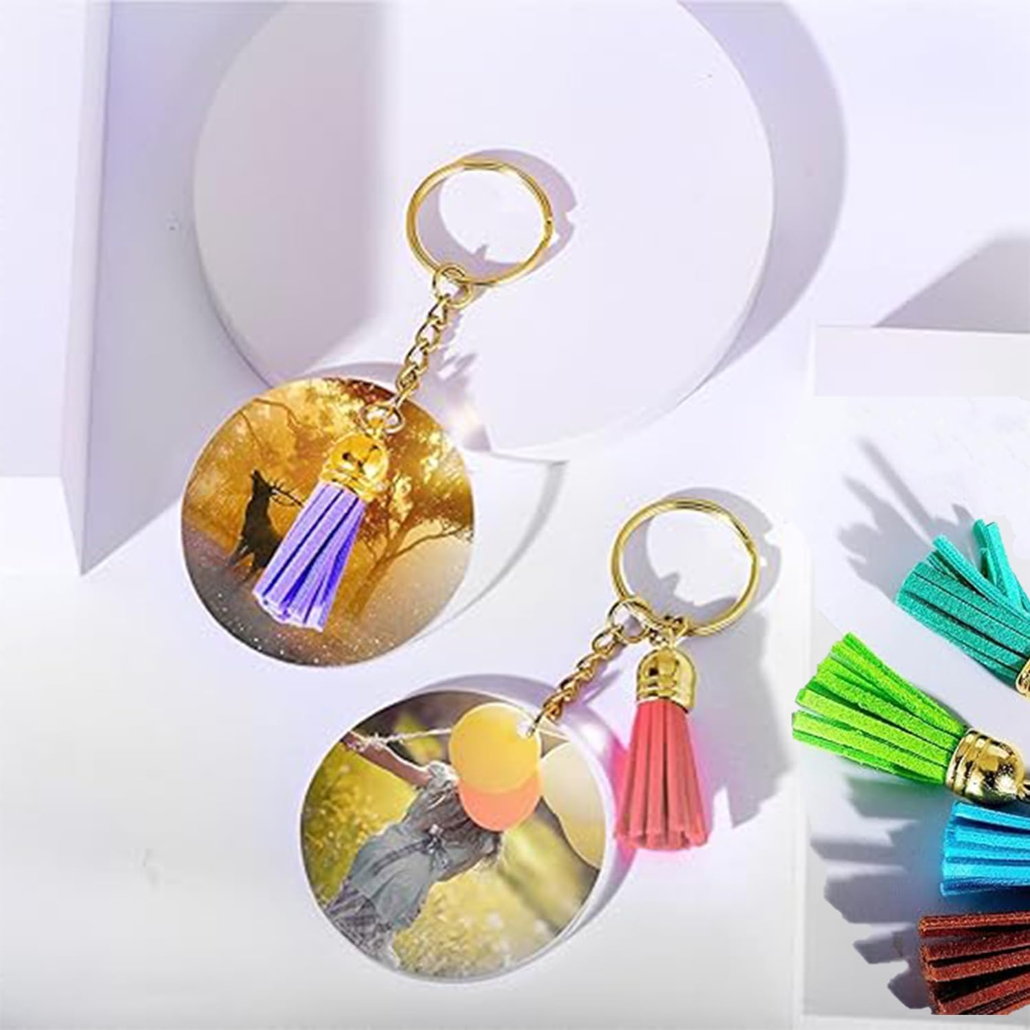 Roczential 120 Pack Blanks, Craft Tassels, Bulk Acrylic Keychain for Craft Set with Acrylic Blanks, Key Rings, Tassels and Jump Rings, DIY Keychain Supplies image number 1