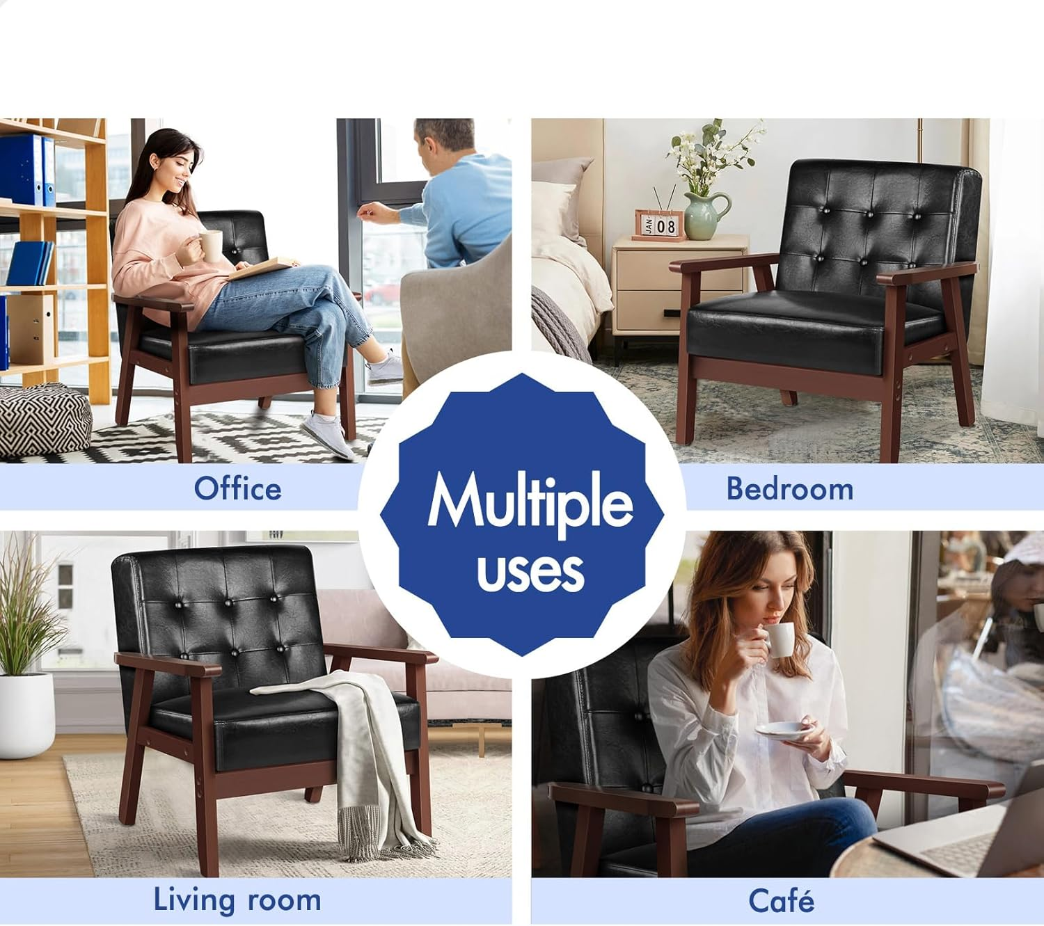 ALFORDSON Wooden Armchair Accent Chair with Solid Wood Frame Wooden Armrest, PU Leather Fabric Upholstery Cushion Lounge Sofa for Reading Bedroom Living Room, 180KG, Black image number 4