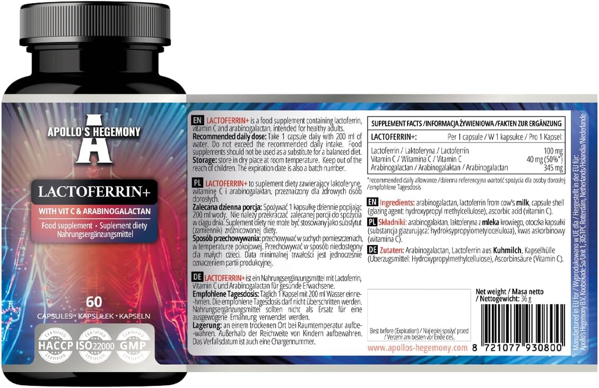 Lactoferrin+ 100 Mg - with Vitamin C and Arabinogalactan - 60 Vegan Capsules - 2 Month Supply - for Enhanced Immunity and Iron Absorption - by Apollo'S Hegemony image number 2