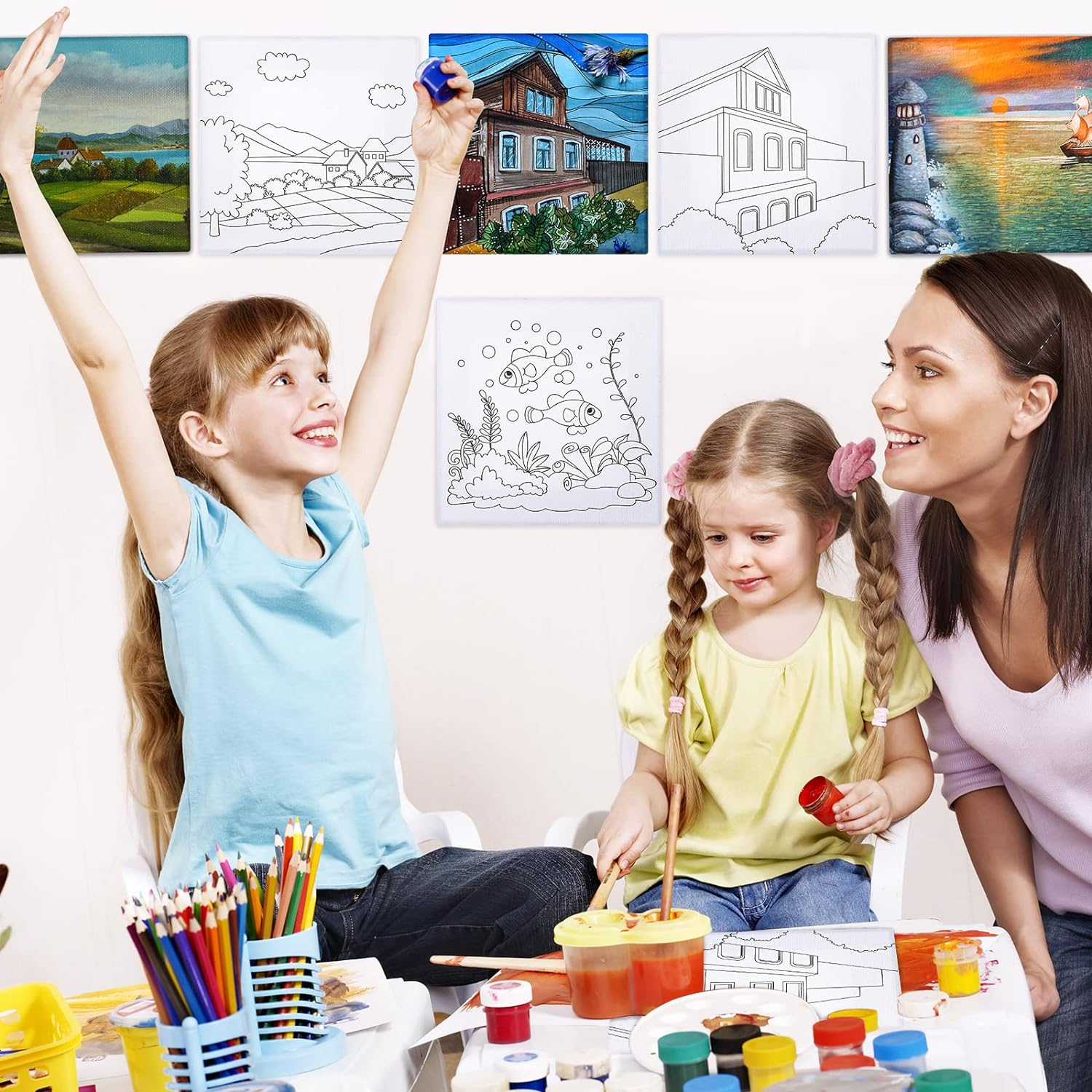 Meanplan 12 Pcs Pre Drawn Canvas for Painting for Adults 4 X 4 Inch Pre Printed Stretched Canvas with Pictures to Paint DIY Outline Boards for Party Favor Beginner Art Gifts(Village and Sea Style) image number 6