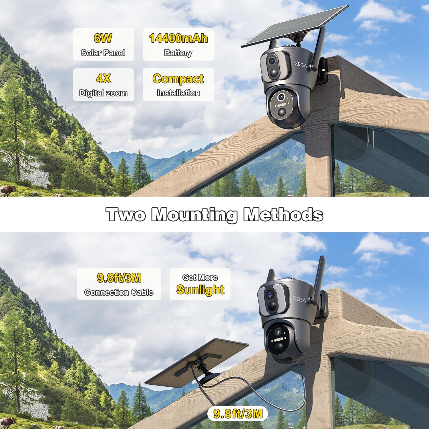 Xega 4G【Dual Lens】 Security Camera Outdoor with SIM Card, 14400Mah Solar Powered Wireless No Wifi Security Camera, 2K HD PTZ CCTV with Human Detection Spotlight Siren Alert TF Cloud Storage IP66 image number 5