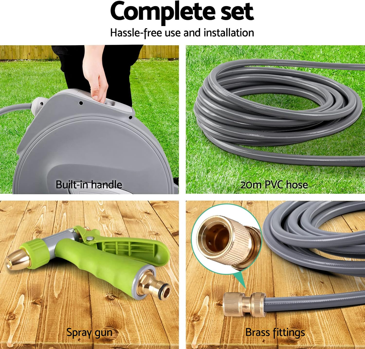 Retractable Hose Reel, 20M Garden Pressure Water Washer Spray Gun Auto Reels Hoselink Wall Watering Hoses Indoor Outdoor Retracting Storage, 180&deg; Swivel Mount Built-In Handle Rubber Stopper Grey