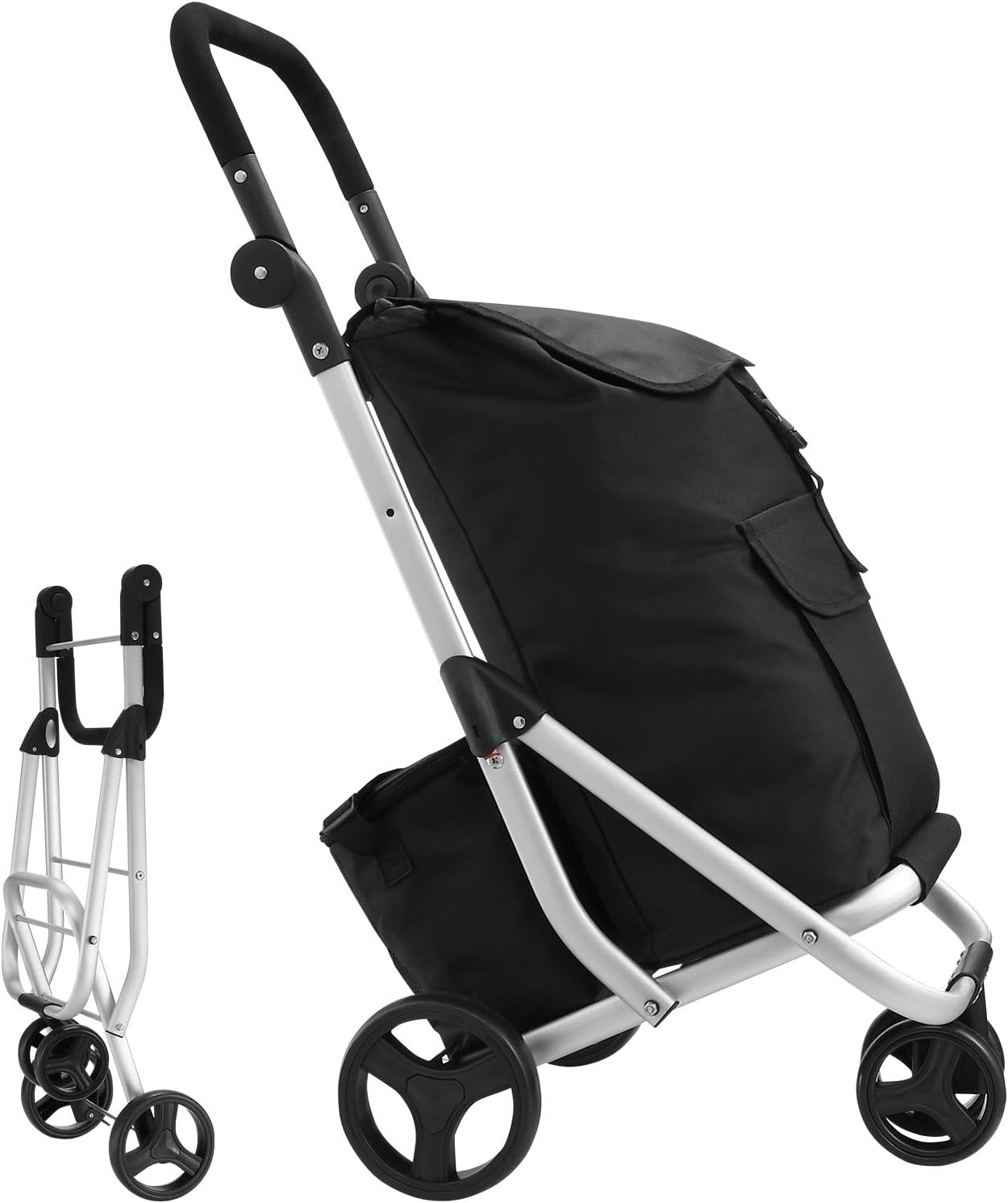 Waterproof Shopping Cart Foldable Trolley Aluminium Grocery Bag with Wheels Black 45L