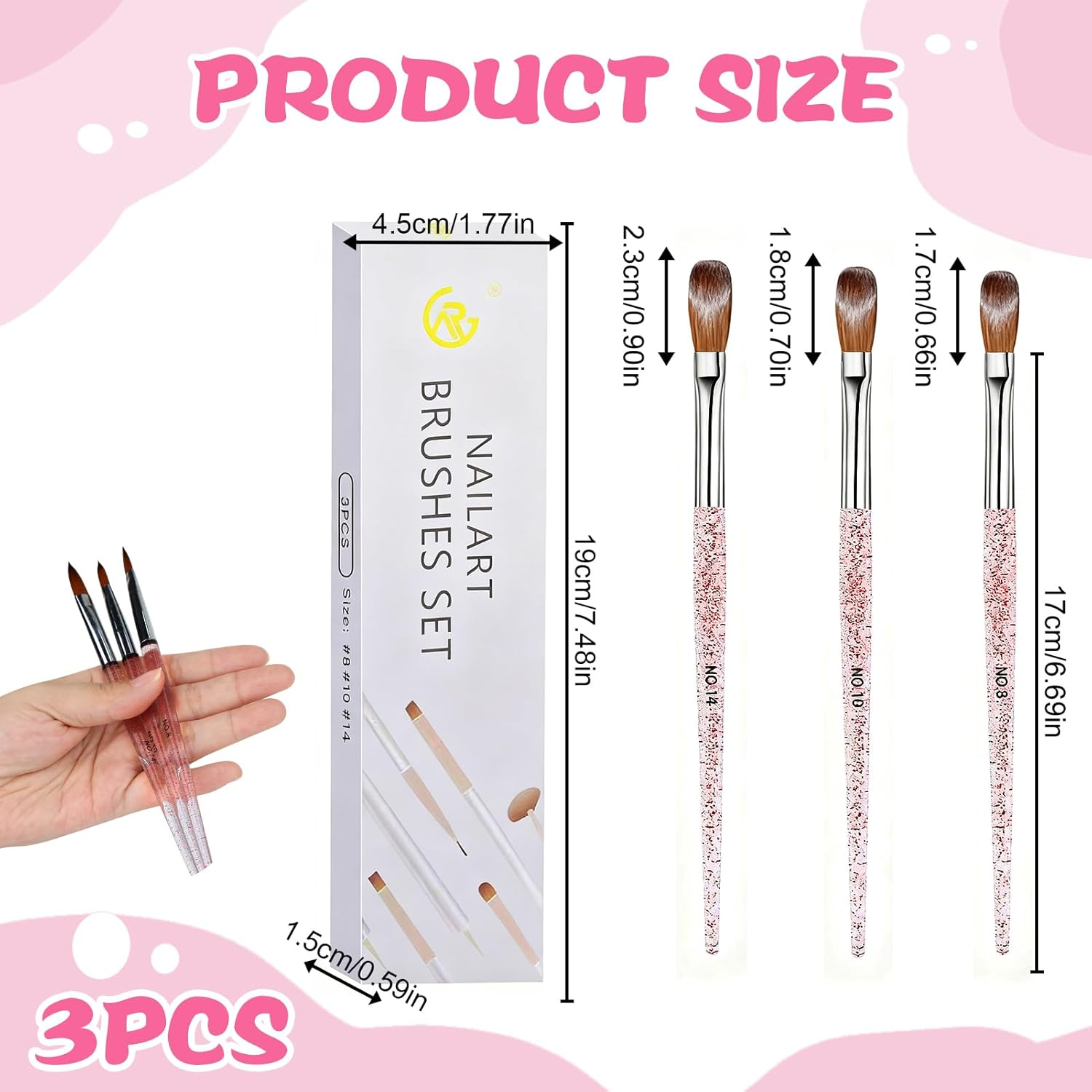 Acrylic Nail Brush Set (3 Pcs, Sizes 8/10/14), Professional Nail Brushes for Application Acrylic Powder Nail Art Extension and 3D Nails Carving for DIY Home Salon Nail Art Manicure Tool image number 1