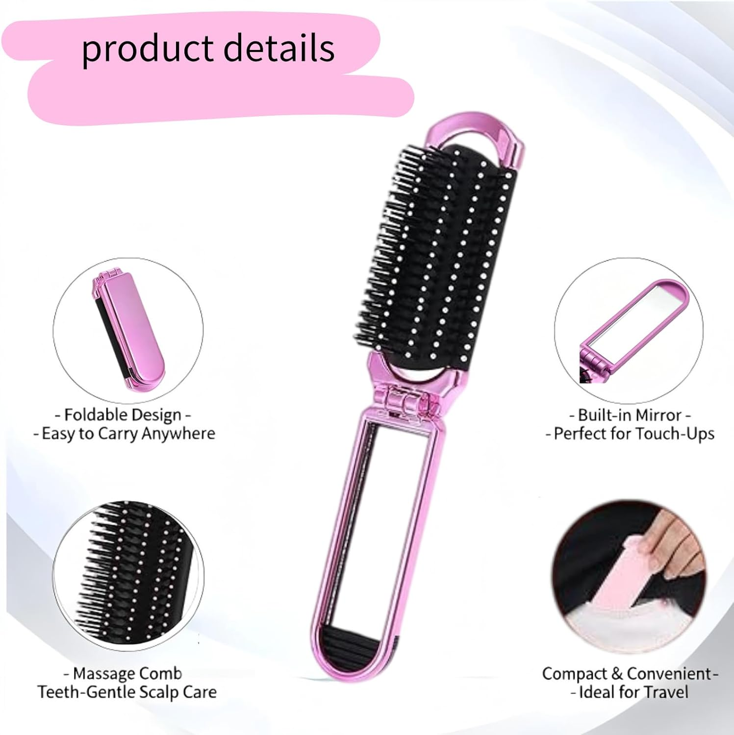 2 PCS Folding Travel Hairbrush Set,With Mirror,Portable Mini Compact,For Family Bag,Anti-Static,Massage Comb Hair Styling Tools for Travel Gym Purse (Purple, Silver) image number 4
