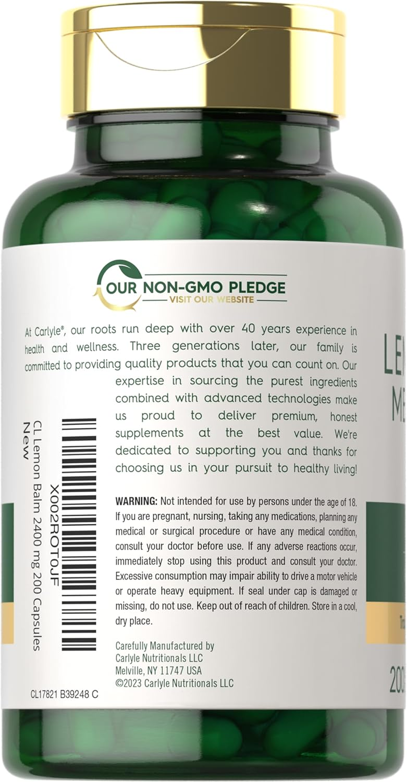 Lemon Balm | 2400Mg| 200 Capsules | Non-Gmo and Gluten Free Formula | Melissa Leaf Traditional Herbal Supplement | by Carlyle image number 2