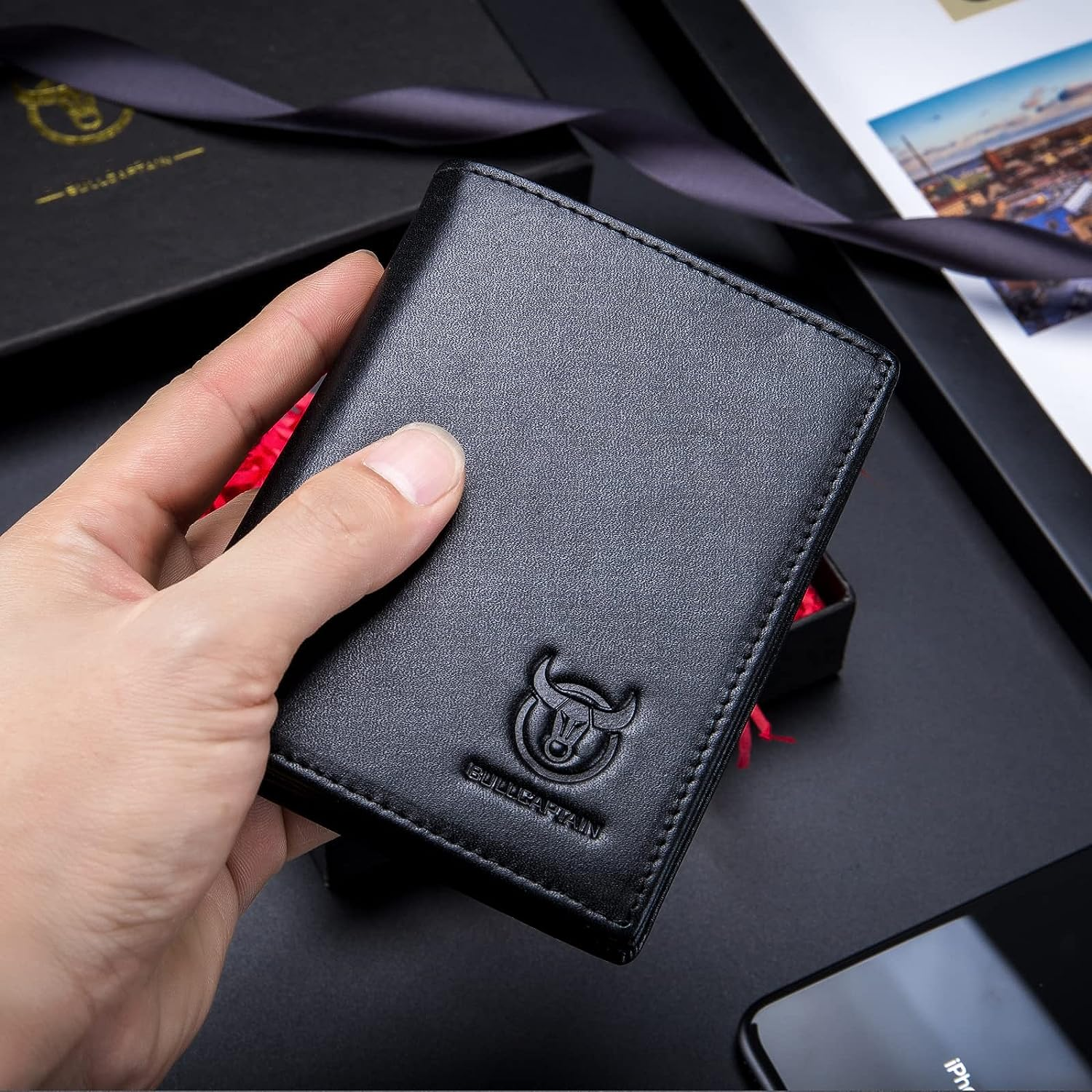 BULLCAPTAIN Large Capacity Genuine Leather Bifold Wallet/Credit Card Holder for Men with 15 Card Slots QB-027, Black, Small, Modern image number 3