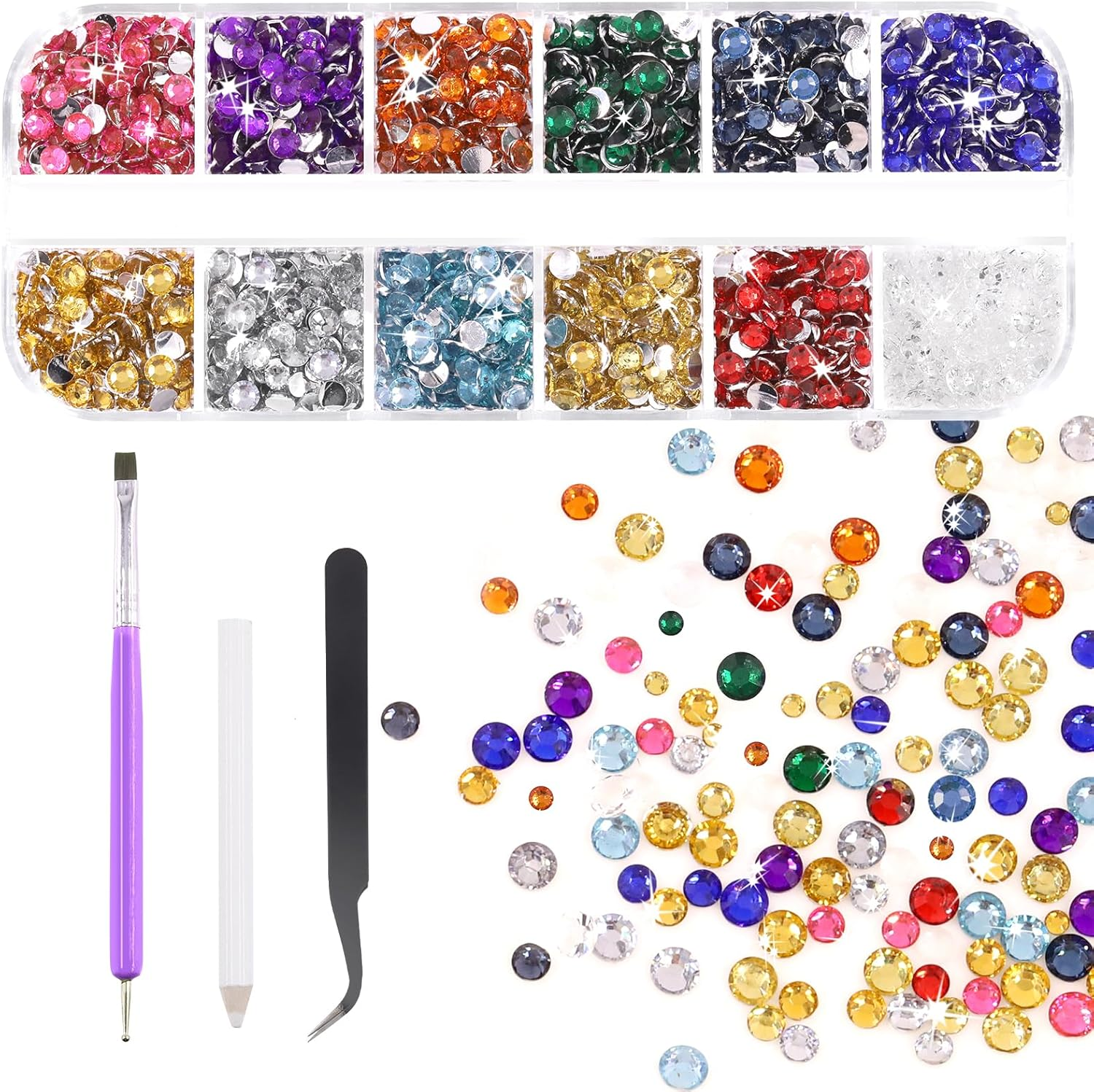 Tanstic 2606Pcs Flat Back Gems Rhinestones Kit, 2/3/4/5Mm Yellow Crystal Rhinestones with B7000 Glue, Tweezer, Picker Pen Dotting Tool for Nail Clothes Shoes Bags DIY Art