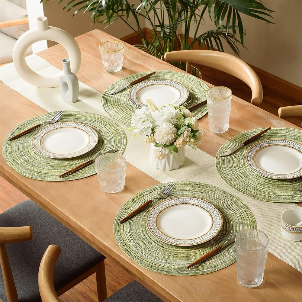 JZS round Braided Placemats 36Cm Washable Kitchen Table Placemats for Home Wedding Party,6Pcs,Green image number 2