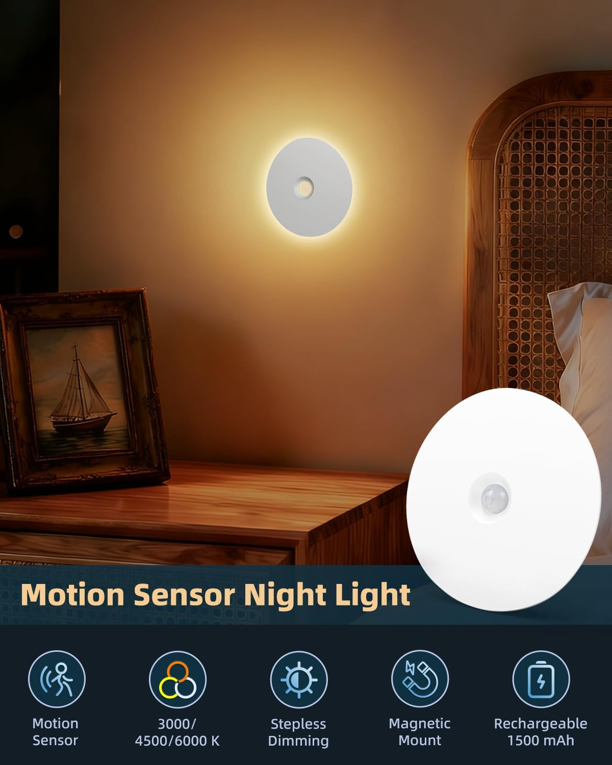 Yiliaw Motion Sensor Night Light, Rechargeable Stair Lights Indoor, Warm White with Wireless Magnetic Mount, Adjustable Brightness & 3 Color Temps for Hallway, Stairway, Bathroom, Closet (2 Pack) image number 6