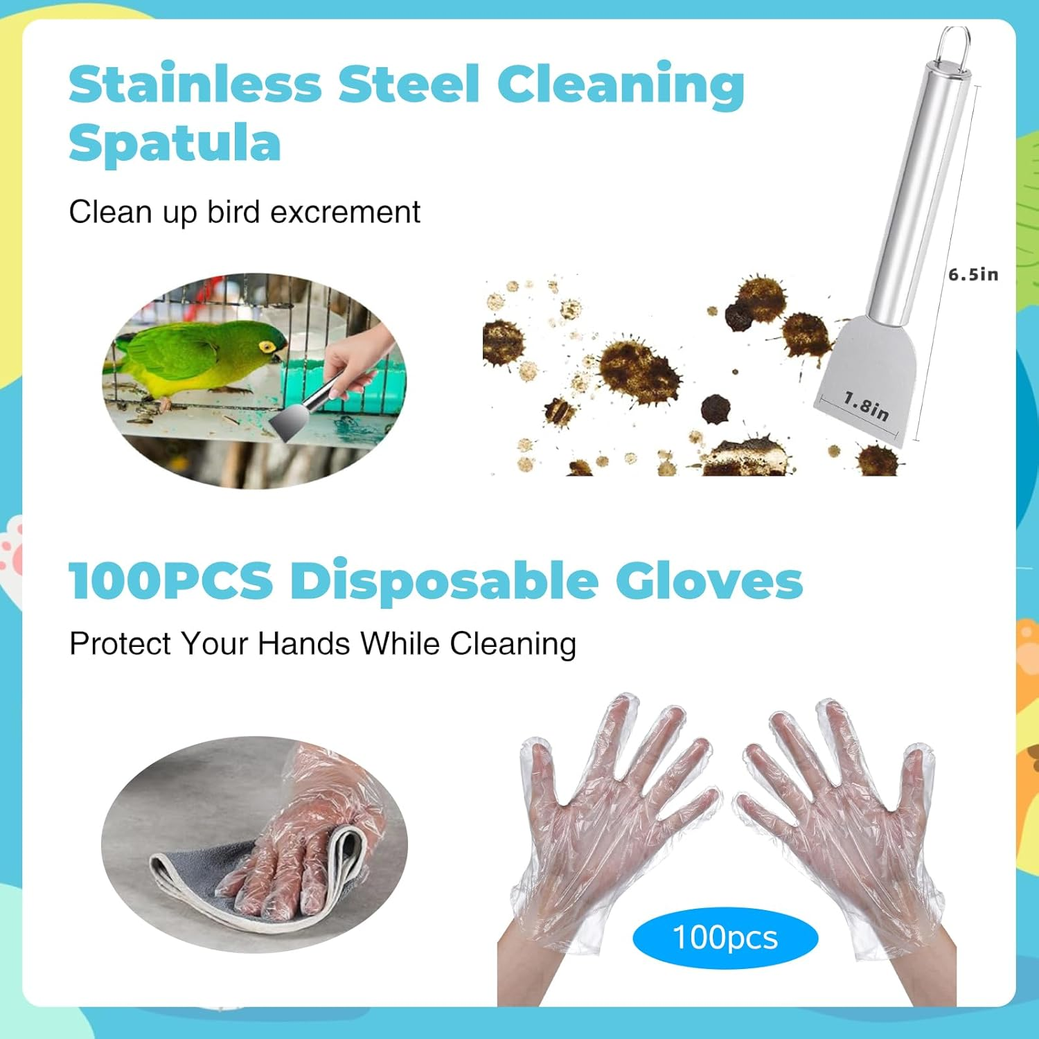 SUSOO 6 PCS Bird Cage Cleaning Kit with Stainless Steel Poop Remover,Brushes,Scraper,Wire Brush,Small Broom and Disposable Gloves,Pet Accessories for Parrot Conure Hamster Rabbit Outdoor Patio image number 1