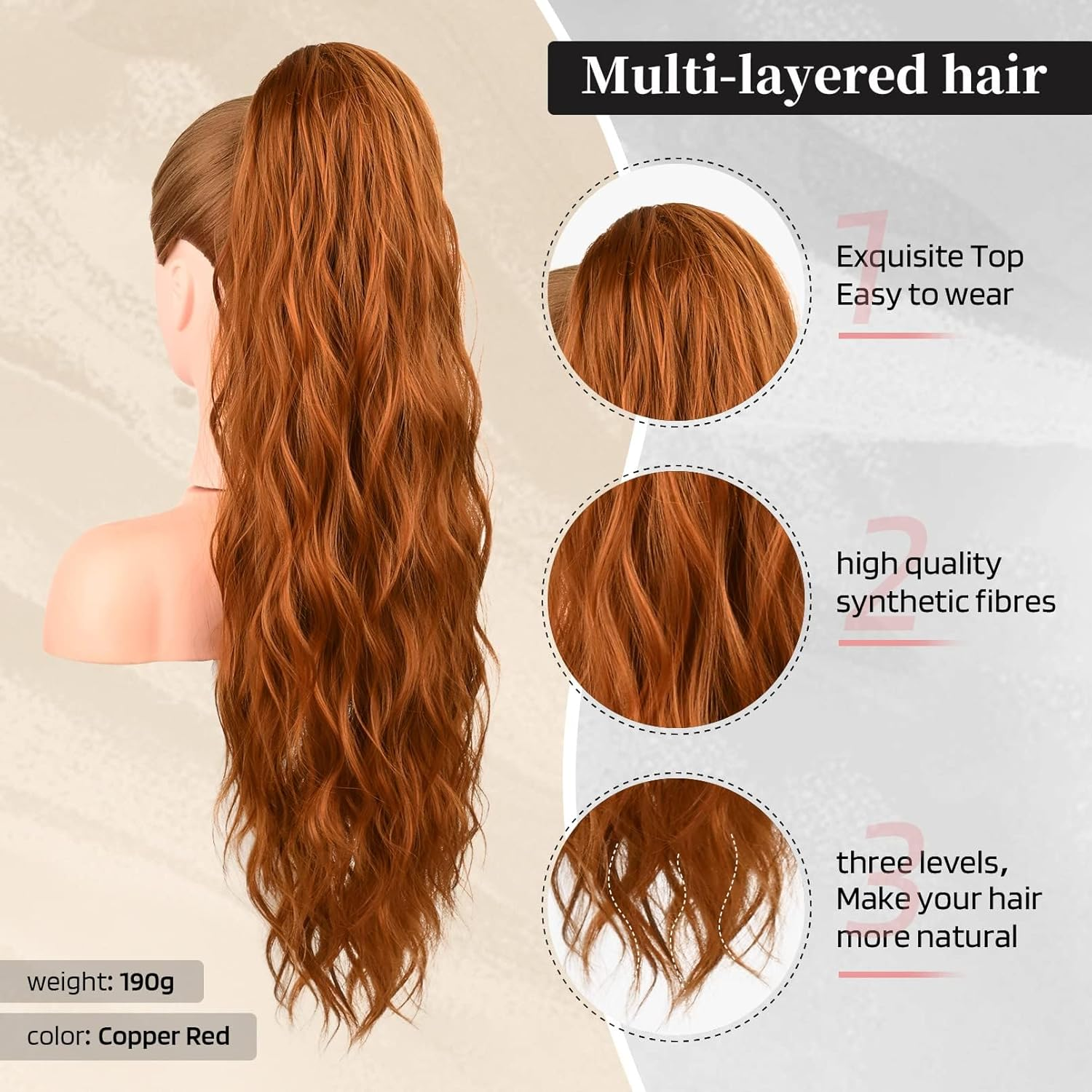 Rileryeol Ponytail Extension, 26 Inch Drawstring Ponytail Hair Extensions for Women， Long Curly Wavy Pony Tail Natural Wavy Synthetic Hairpiece for Women Daily Use Party (26 Inch Copper Red)