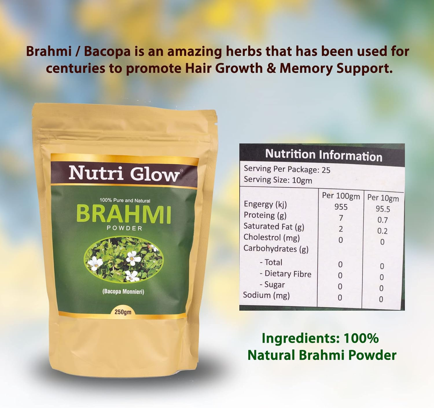 Nutri Glow | Brahmi Powder | 8.81 Oz (250 G) | Bacopa Monnieri | Superfood Supplement |Vegan | Ayurveda | Non GMO Supplements for Brain & Memory | Resealable Air Tight Pouch image number 3