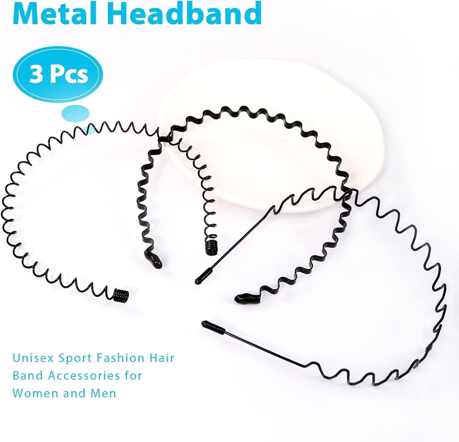 Aufwolken 3 PCS Metal Headband Black - Unisex Sport Fashion Hair Accessories, Spring Wave Hair Hoop Band for Men & Women
