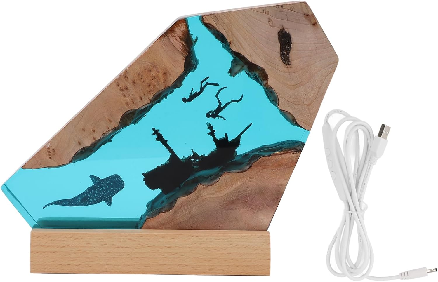 Shark Diver LED Ocean Lamp, 6 Brightness Resin Handmade Wood Light Lamp, USB Power Supply Deep Sea Cave Divers Light, for Office, Desk, Bedroom Decorations image number 4