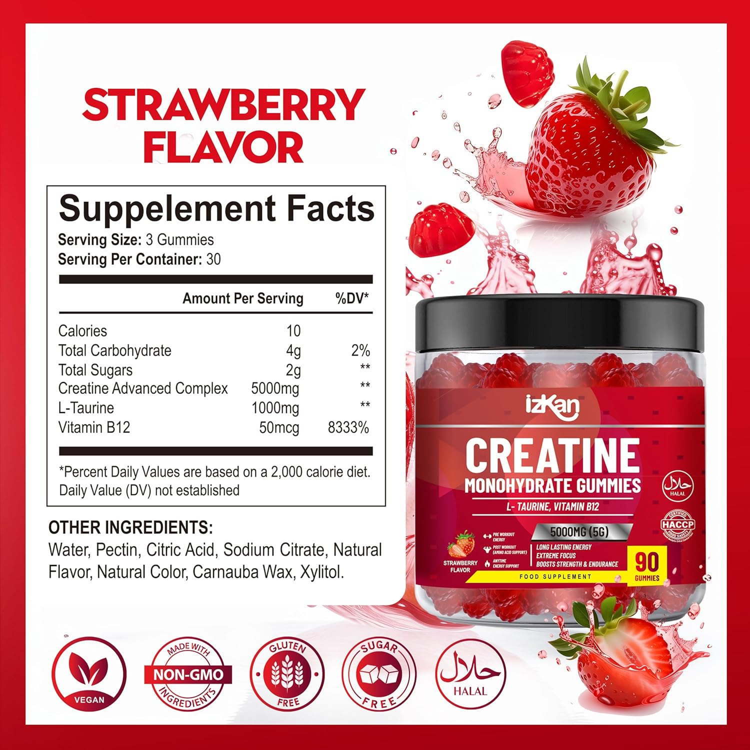 Pro Creatine Monohydrate Gummies 5G for Men & Women - 90 Chewable Creatine Gummies Strawberry Flavoured Gym Pre Workout Gym Supplement Vegan (1) image number 6