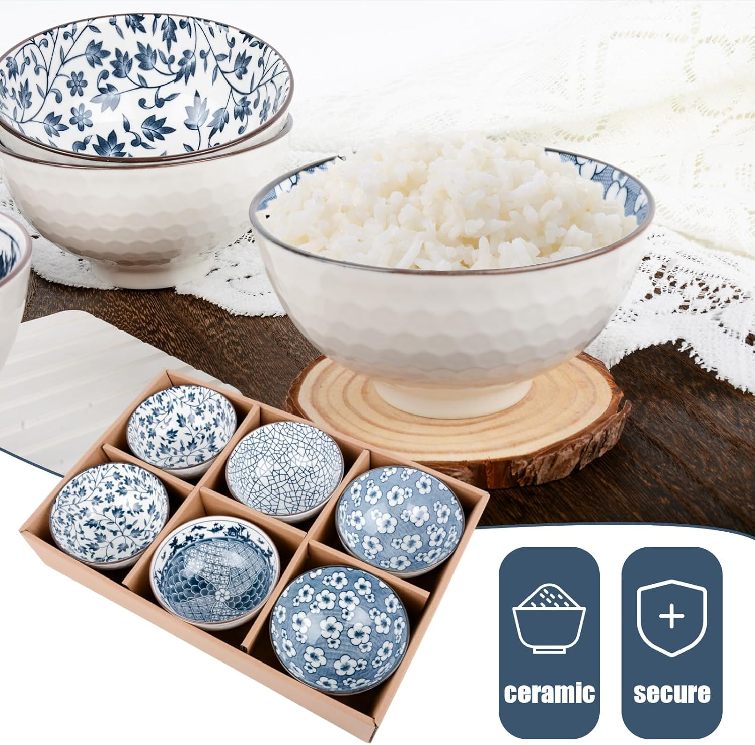 6 Pack Ceramic Bowls,Blue and White Japanese Ceramic Rice Bowls 10 Oz,Ideal for Cereal, Soup, Dessert, Snack, Fruit, Salsa image number 4