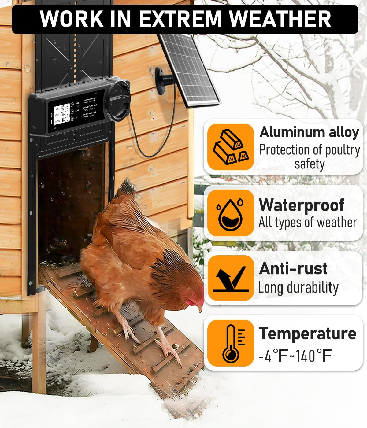 Large Size Automatic Chicken Coop Door Solar Powered - Timer/Manual Mode, Solar Chicken Coop Door Anti-Pinch, Aluminum Alloy Chicken Doors | Higher Battery Capacity | 20M Remote Control image number 3