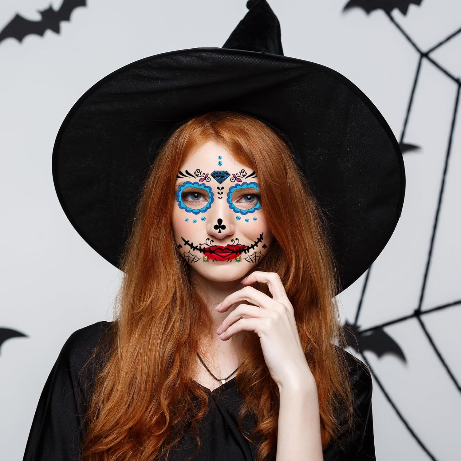 Pack of 8 Halloween Face Tattoos for Adults, Temporary Tattoos with Skull Vampire Motifs and 1 Rhinestone Tattoo, Pumpkin Costume Accessories for Cosplay Party image number 4