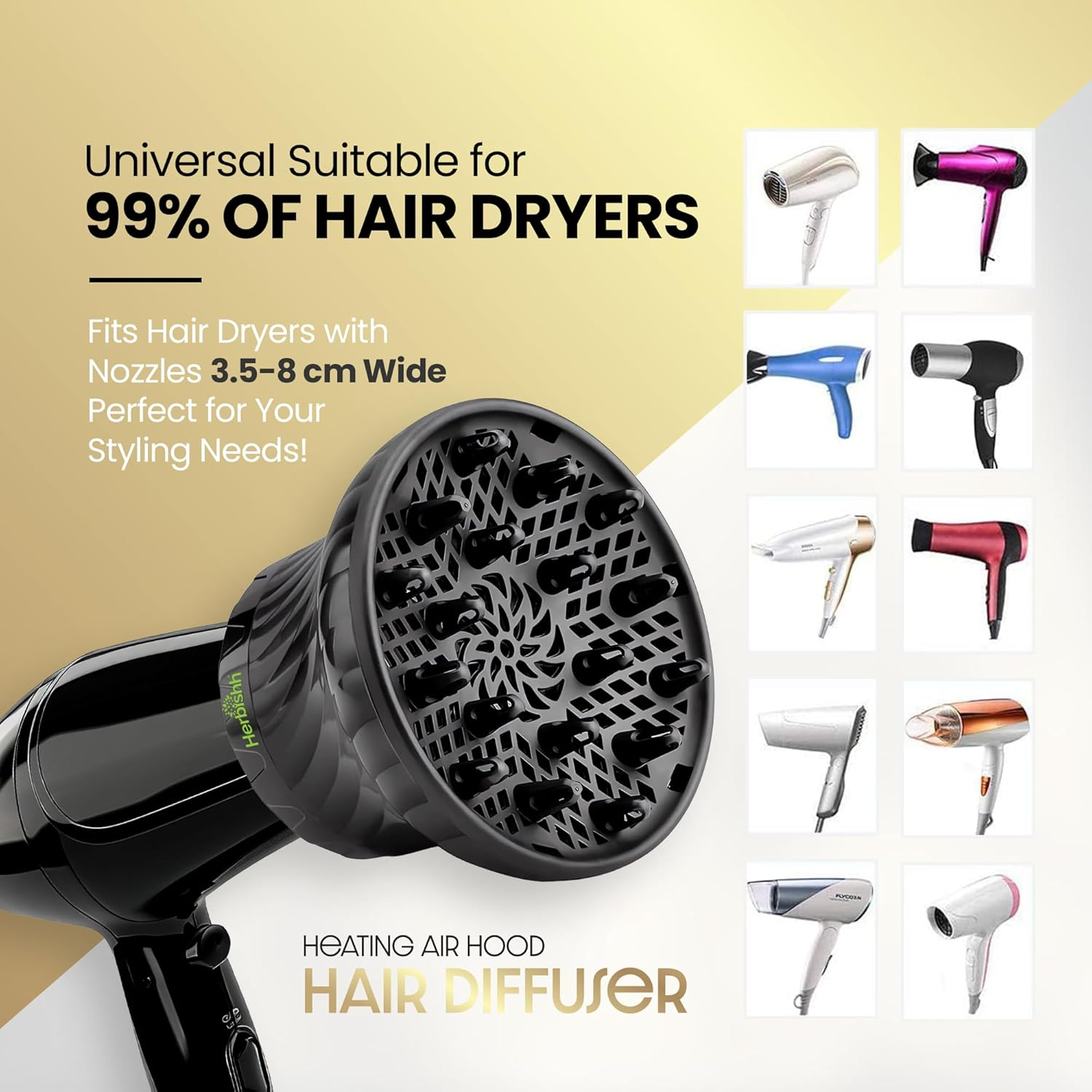 Herbishh Hair Dryer Diffuser Attachment for Even Heat Distribution, Universal Fit for Curly, Thick & Wavy Hair, Reduces Frizz & Adds Volume, Adjustable from 3.5 to 8 Cm (Black) image number 5