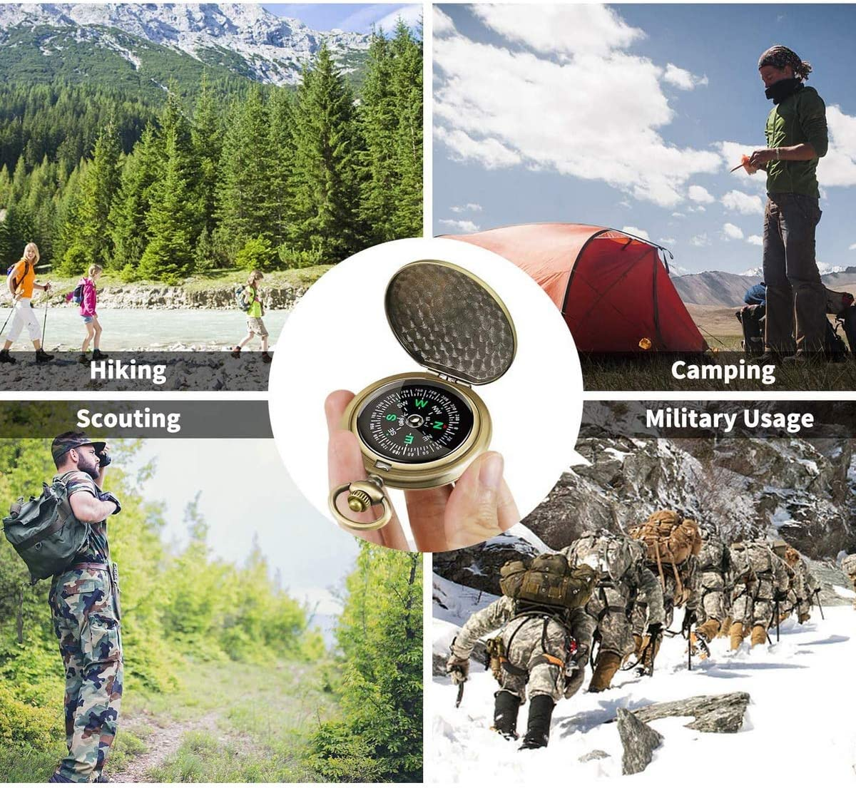 Retro Compass, Portable Vintage Survival Compass Navigation Fluorescent Glow Gear Waterproof Compass Outdoor for Camping Hiking Riding image number 6