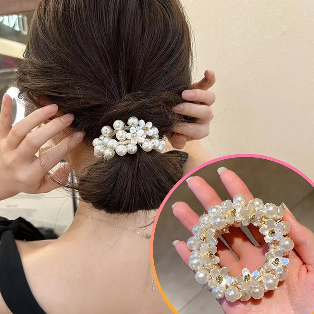 Pack of 2 Pearl Hair Bobbles Scrunchies for Women Elastic Thick Bands Soft Ropes Ponytail Holder Women Hair Accessories for Women Girls