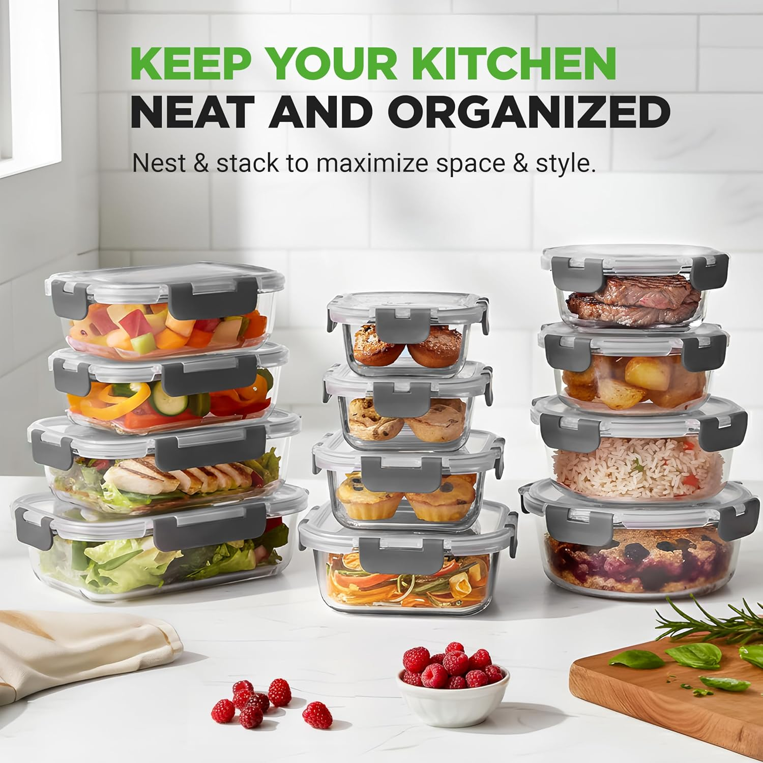 Nutrichef Glass Food Storage Containers with Lids &ndash; 12-Pack Leak-Proof Meal Prep Containers, Bpa-Free, Freezer-To-Oven & Dishwasher Safe, Airtight, Stackable (Grey) - Blue image number 5