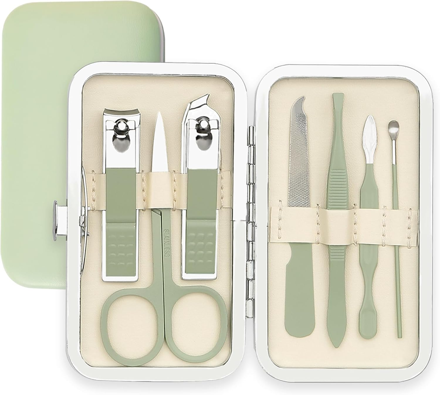 Nail Clipper Set,7 in 1 Christmas Green Stainless Steel Nail Clipper Manicure Set,Fingernail & Toenail Grooming Kit Tweezers Eyebrow Scissors for Mens and Women,Travel Size Nails Care Tools with Case