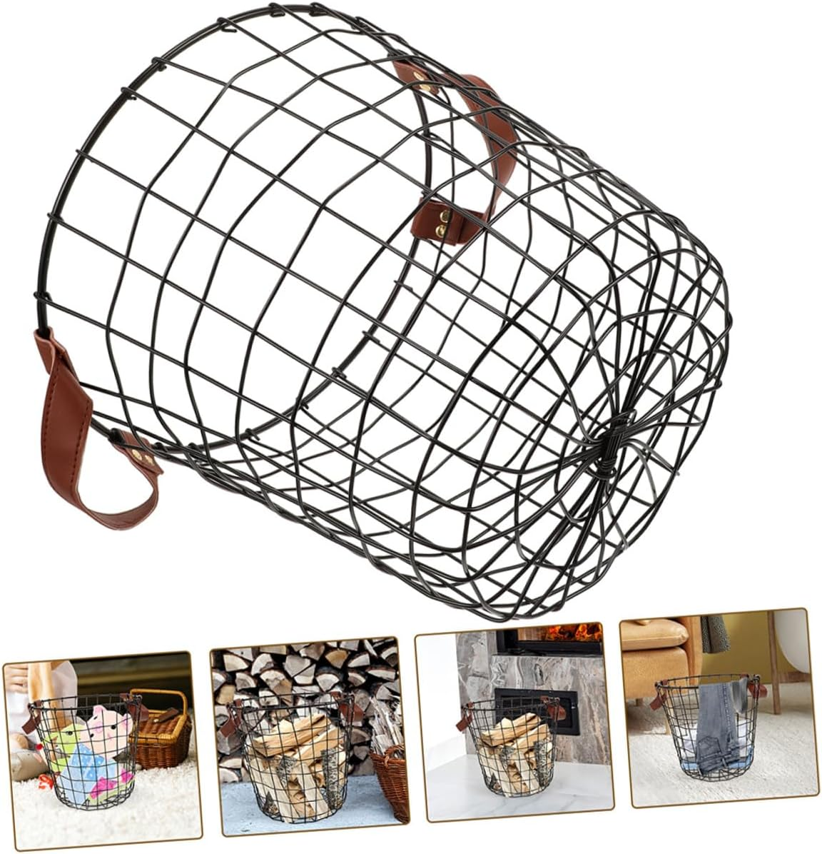 2Pcs Rustic Firewood Storage Baskets with Handles Metal Wire round Log Holders for Indoor Outdoor Large Capacity Firewood Carriers Farmhouse Style Storage Bins image number 4