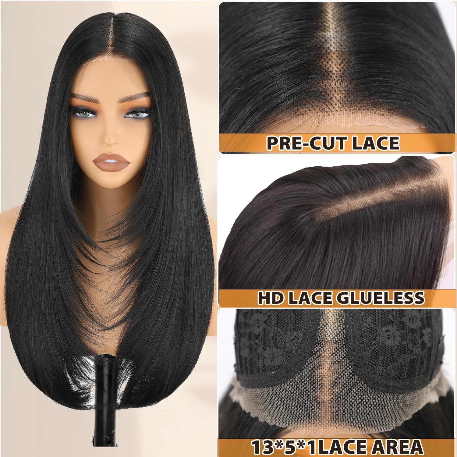 Glueless Synthetic Lace Front Wig 26 Inches Long Straight Black Wigs for Women 13X5X1 HD Lace Hand Tied Pre Plucked Hairline (Natural Black, 66 CM) image number 5