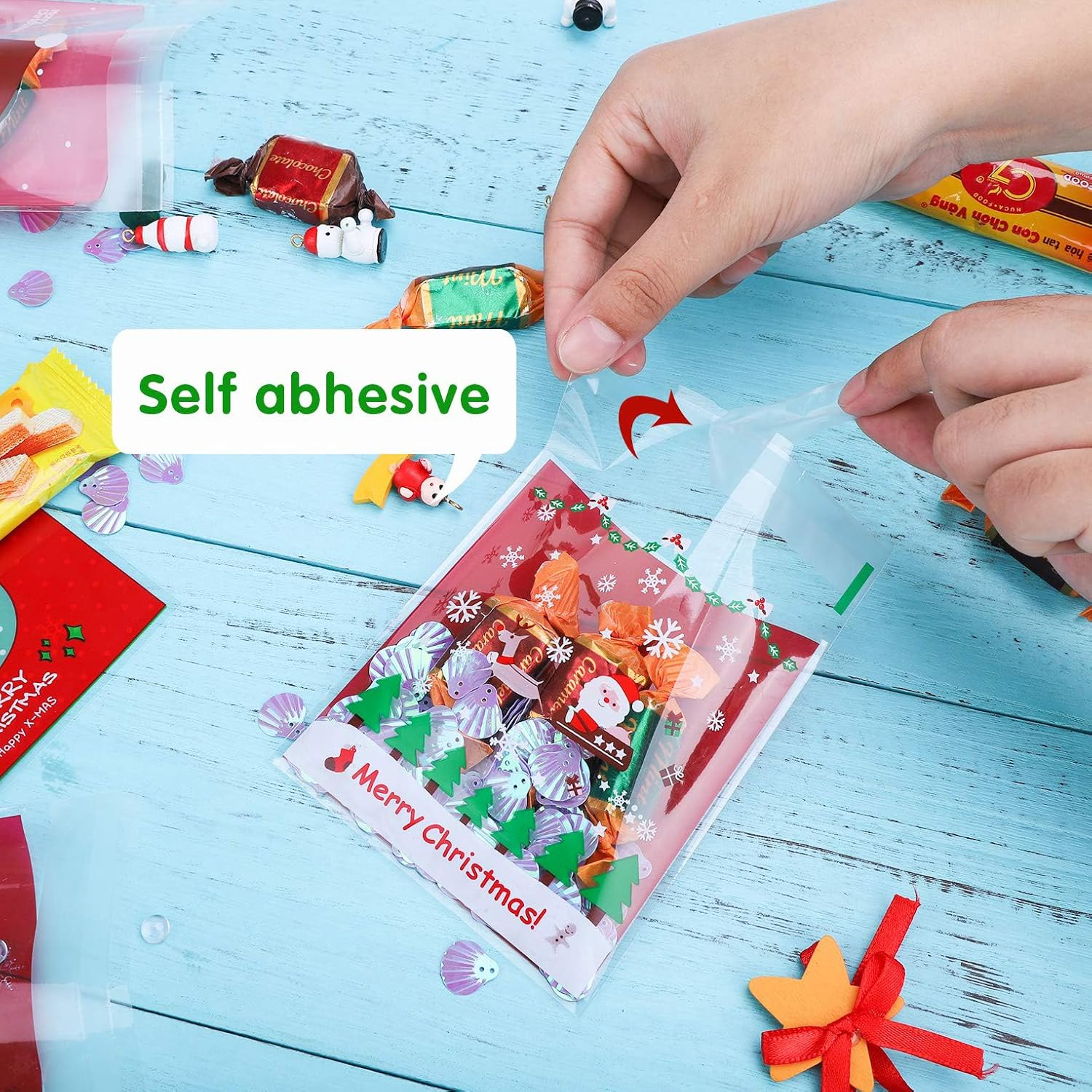 Bluejunior Christmas Cookie Treat Bags Candy Cake Biscuit Self Adhesive Cellophane Transparent Plastic Material Bags for Xmas Wedding Anniversary Holiday Party Favor Sweet Snacks Packaging image number 1