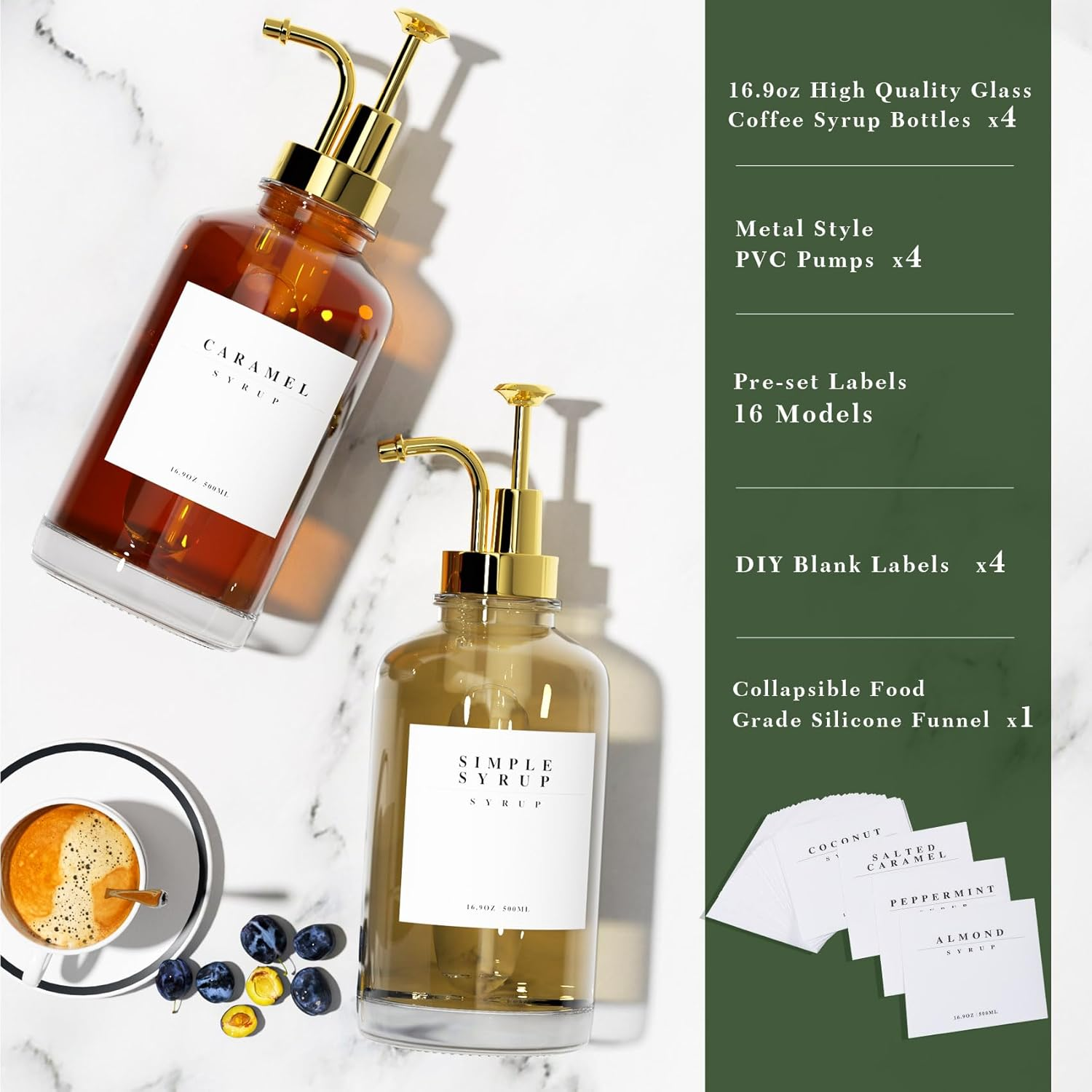 Coffee Syrup Dispenser for Bar Accessories，Coffee Pump Dispenser, Glass Syrup Bottle with Gold Pumps and 20 Labels, 16.9 Oz 500 Ml, Set of 2 - 2 Pack image number 6