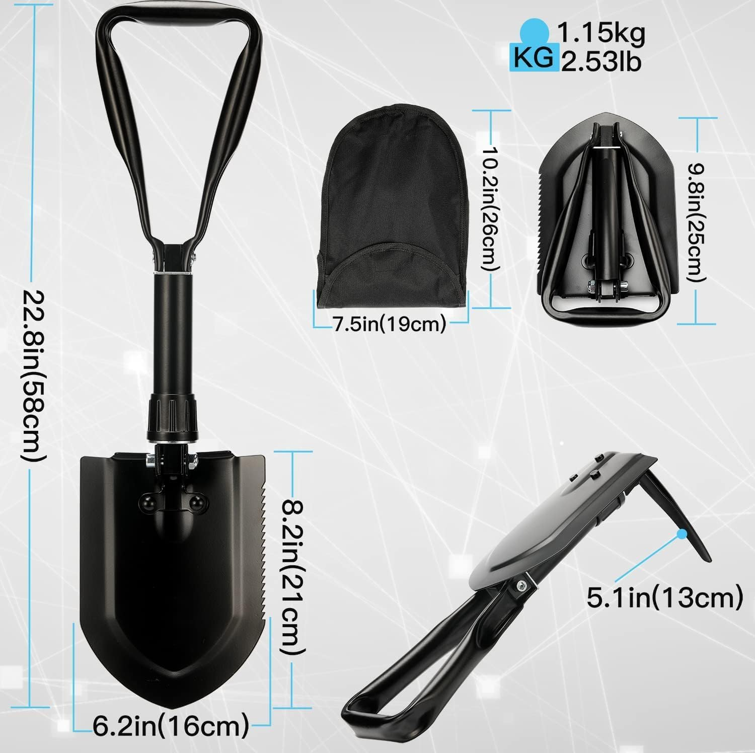 Folding Survival Shovel 58Cm, High-Carbon Steel Entrenching Tool, Folding Camping Shovel, Heavy Duty, for Garden, Hunting, Hiking, Fishing, Car Emergency, Gifts for Men image number 2