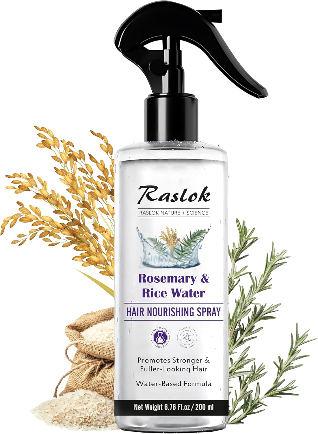 Raslok Nature+Science Rosemary & Rice Water Hair Spray | Made with 100% Natural Extracts | Lightweight, Non-Greasy Formula | for Softer, Smoother-Looking Hair | 6.76 Fl Oz / 200 Ml image number 3