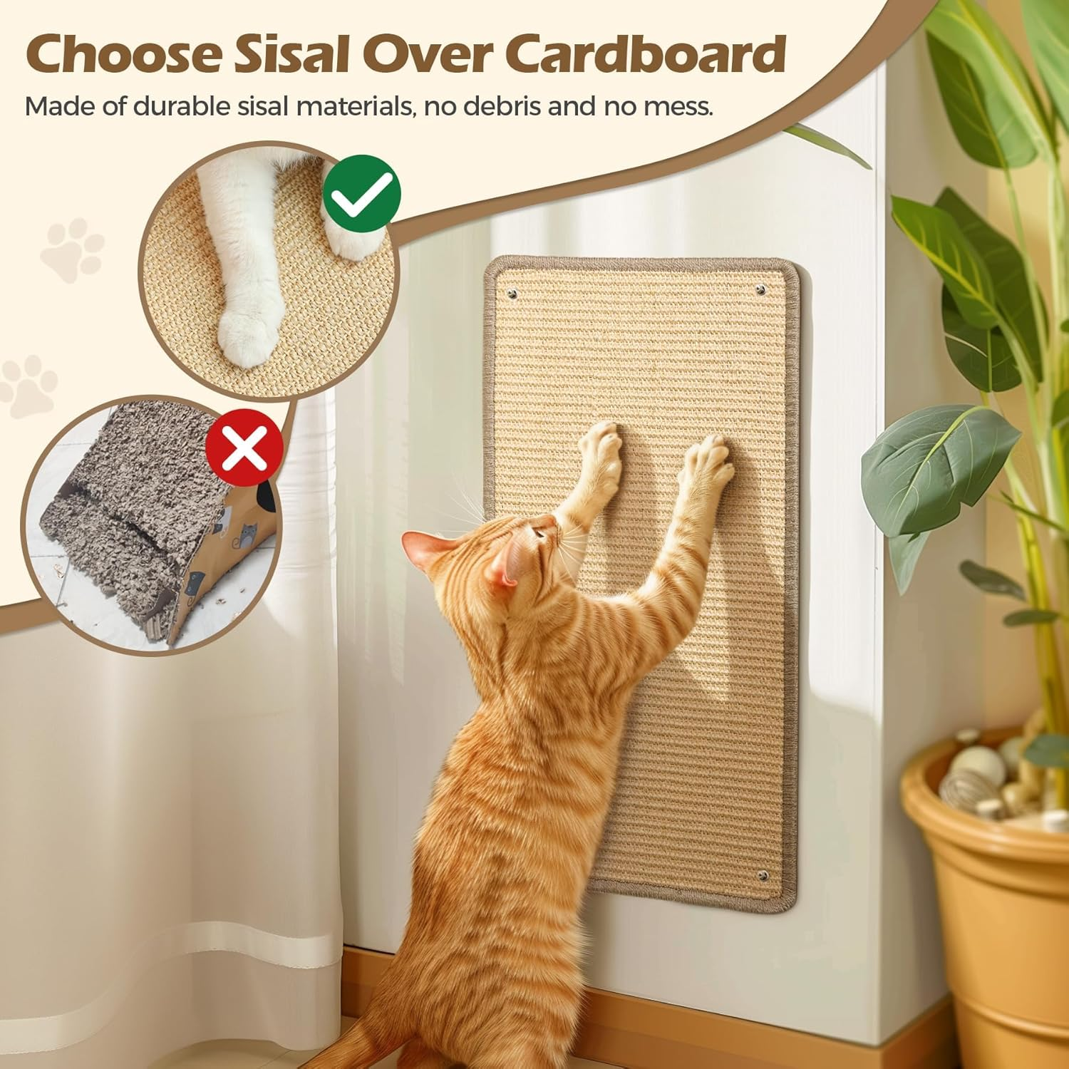 Cat Scratcher Mat - Sisal Cat Scratching Post for Indoor Cats Kitten, Wall Floor Mount Double-Sided Cat Scratch Pad with Adhesive Screw, 60CM X 30CM Reinstallable Furniture Protector image number 4