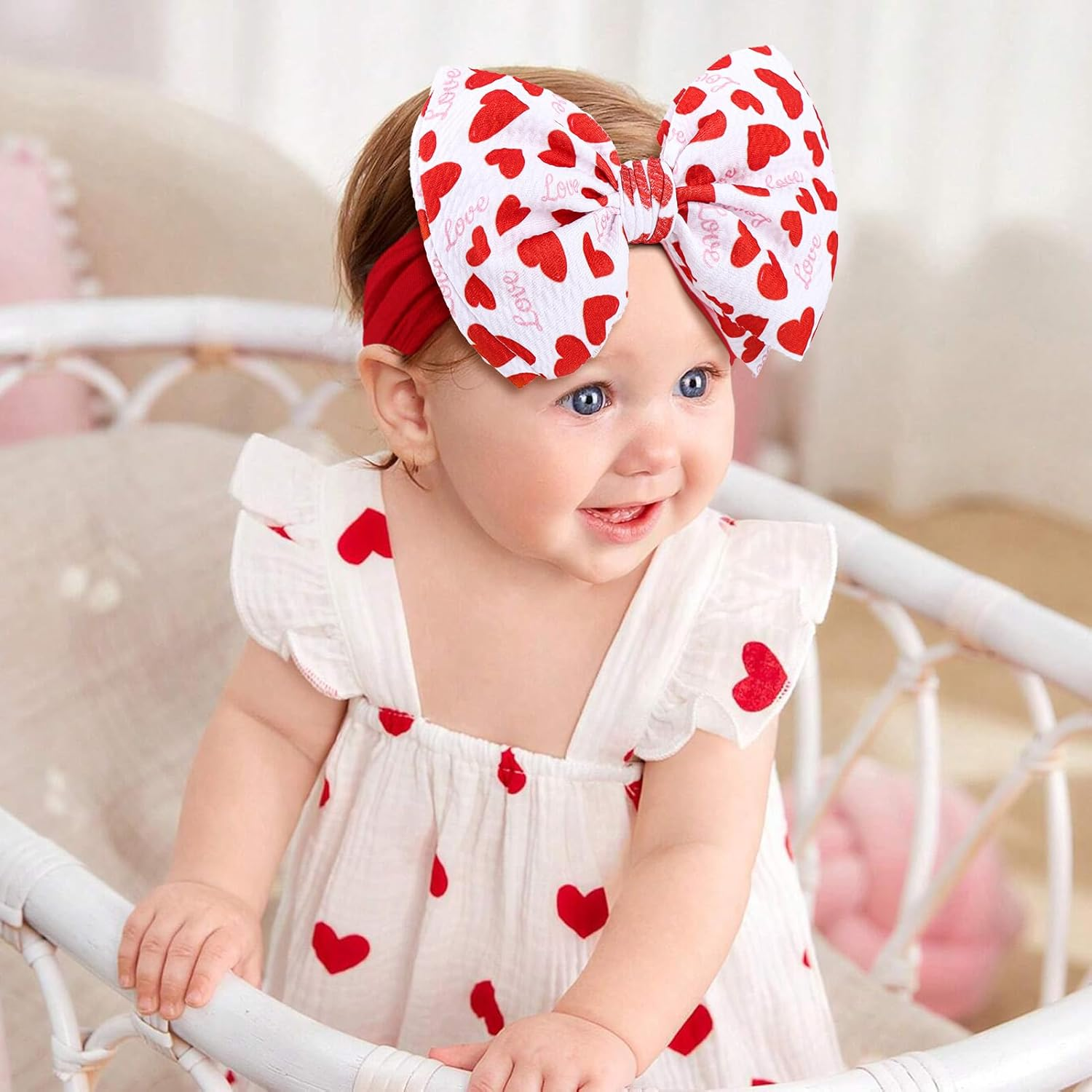 6'' Large Baby Bow Headbands for Girls Waffle Tied Bow Hairbands Handmade Ctue Red Love Heart Head Wraps Hair Accessories for Girls Infant Toddlers Kids 2Pcs - 0-Id-Red,Gradient image number 3