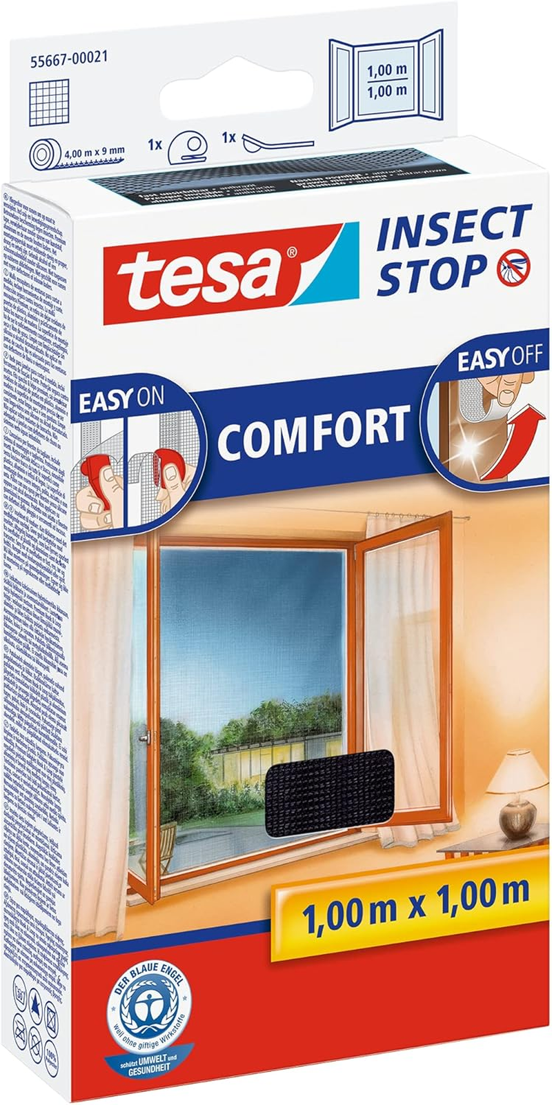 Tesa Insect Stop Comfort for French Windows - Self-Adhesive Hook and Loop No Drill Fly Screen - in Anthracite, 120 Cm X 240 Cm