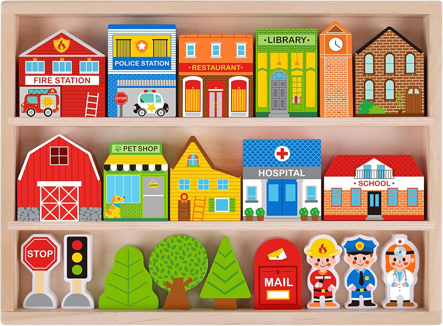 Tooky Toy Town Play Set in Wooden Case: Wooden Town Building and Figurines Pretend Play City Set image number 1
