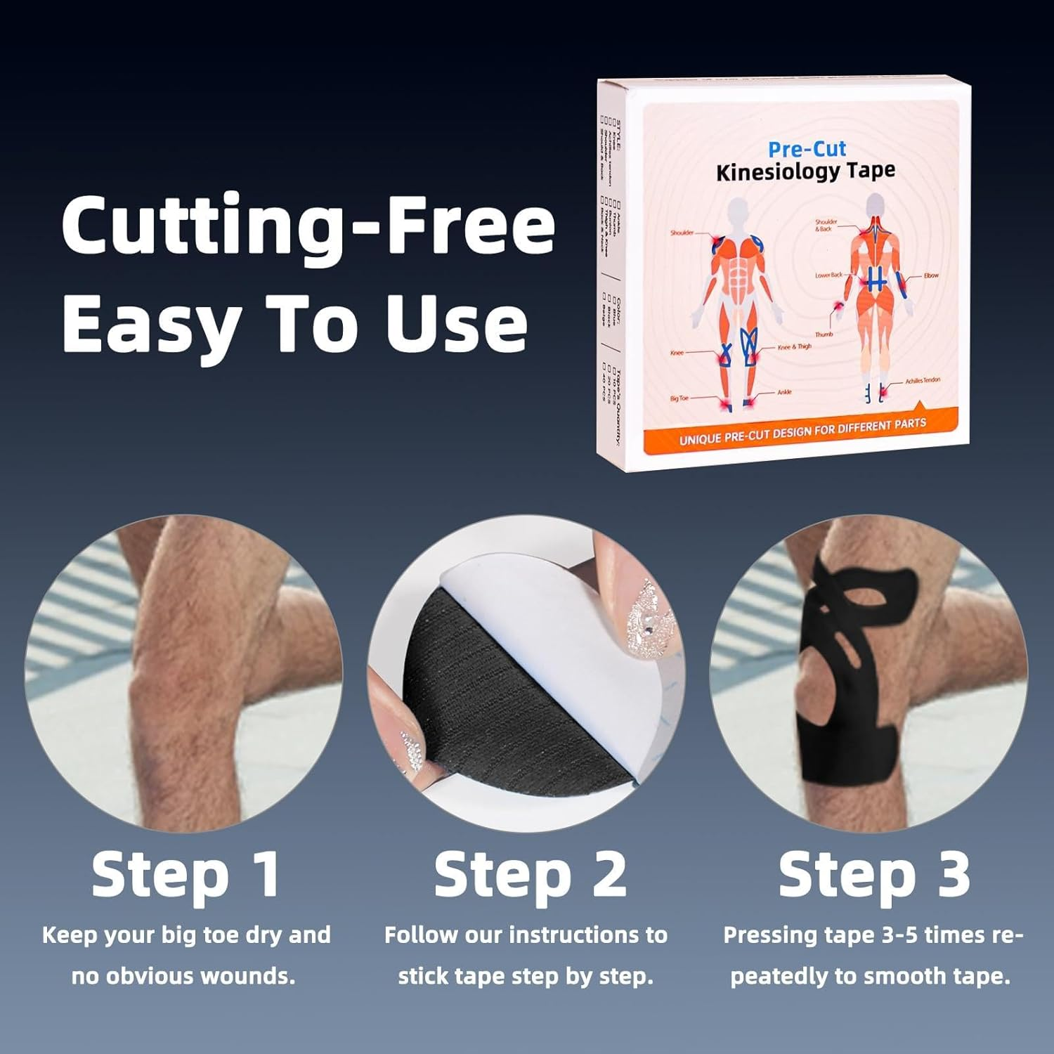 Precut Kinesiology Tape for Knees, 10 Pcs - Knee Support & Stability, Knee Pain Relief Athletic Tape - Waterproof & Elastic, Breathable Hypoallergenic Latex-Free Tape, Black image number 5