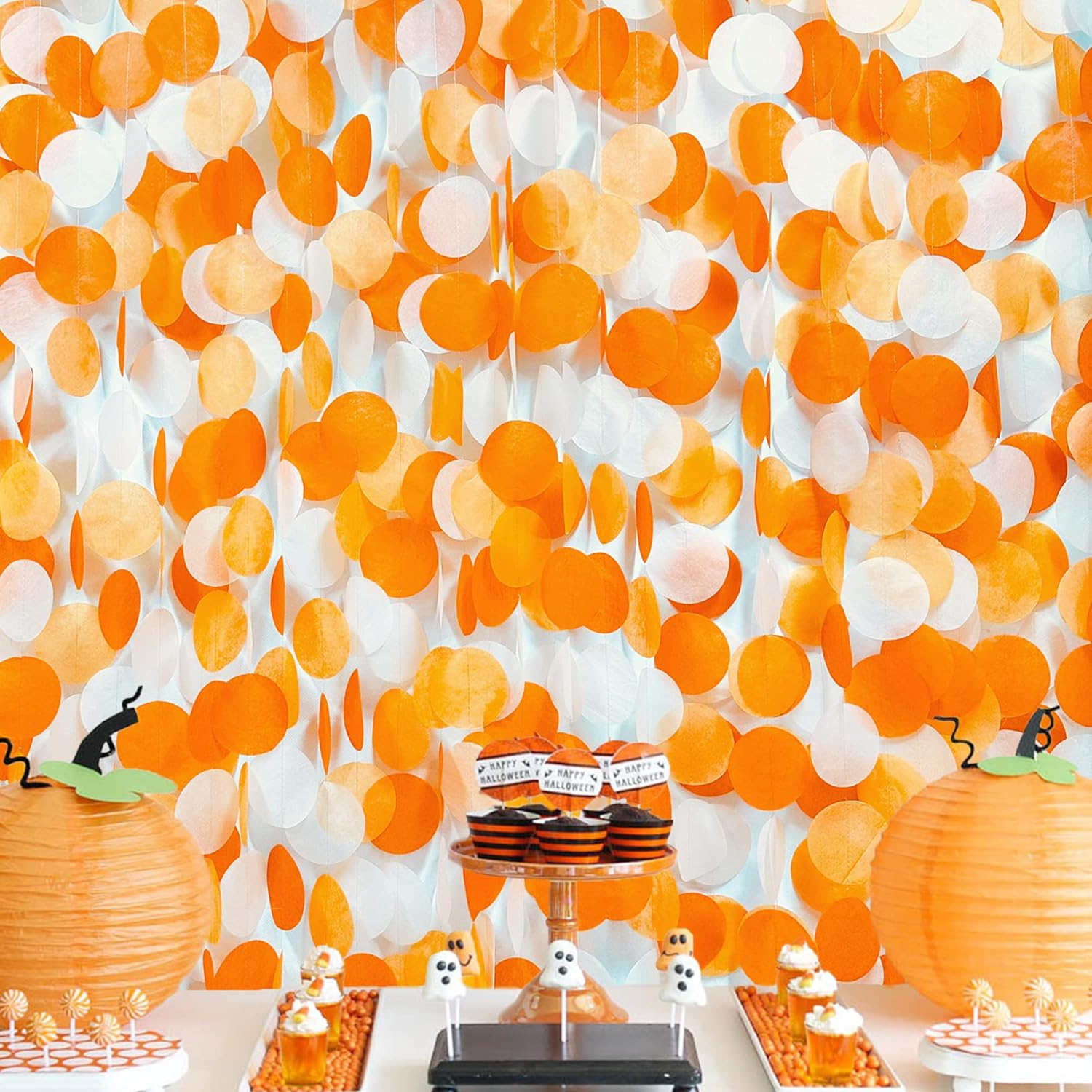 205 Ft Orange White Big Polka Dots Backdrop Garland Ombre Orange Tissue Paper Hanging Circle Dot Streamer for Birthday Baby Shower Wedding Fall Autumn Thanksgiving Harvest Party Decorations Supplies image number 5