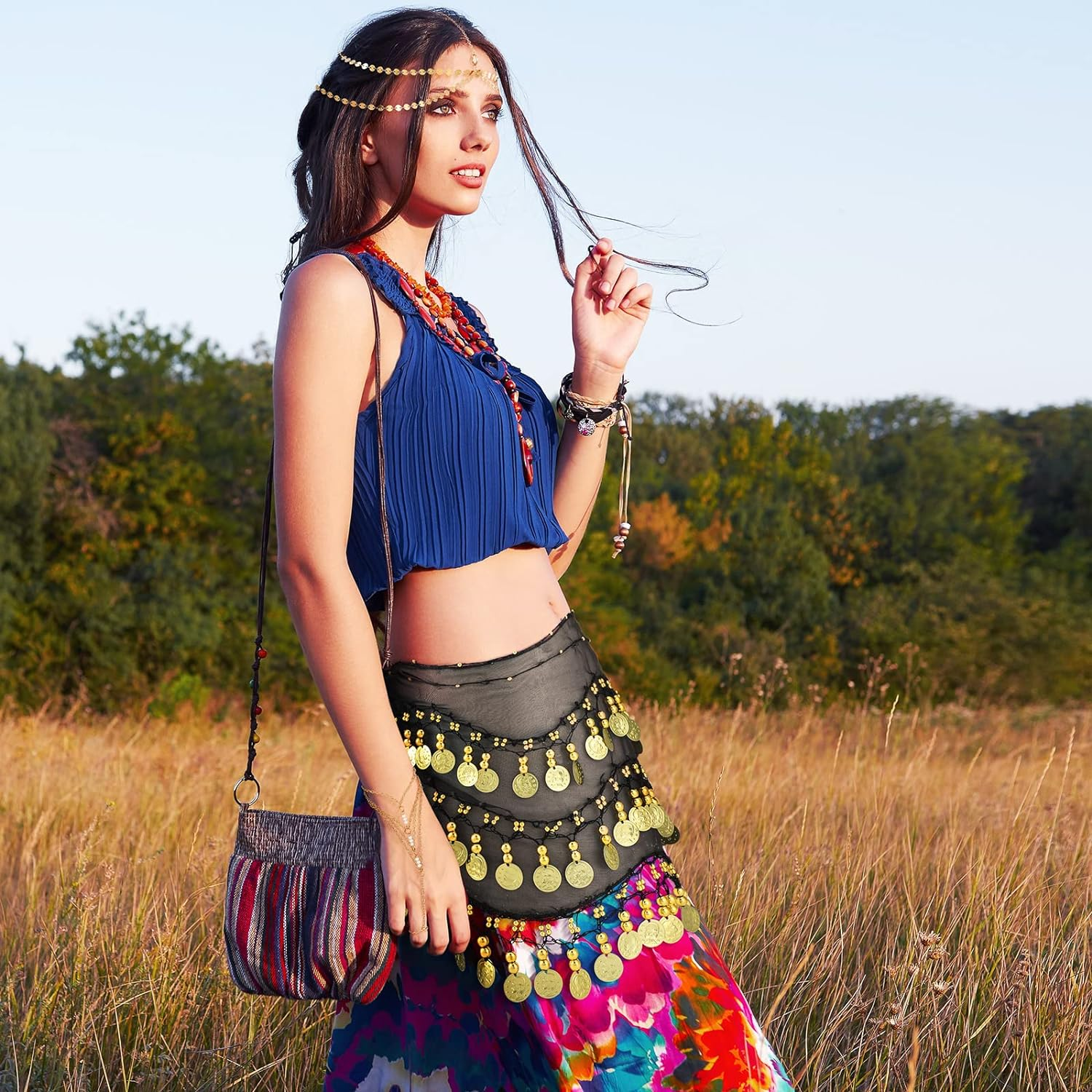 Sureio 4 Pcs Gypsy Costume Accessories Belly Dance Accessories Hip Scarf Wrap Belt Drop Earrings Hair Chain Tassel Bracelet image number 2