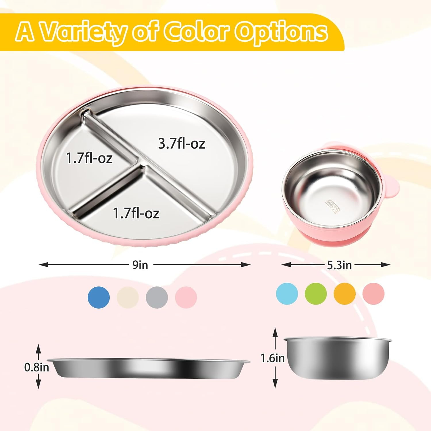 Baby Stainless Steel Feeding Set - 2 Four Leaf Clover Plate + 2 Bowls with Removable Silicone Lids | 100% Food Grade 304 Steel | Dishwasher Safe Toddler Tableware (Pink & Yellow)