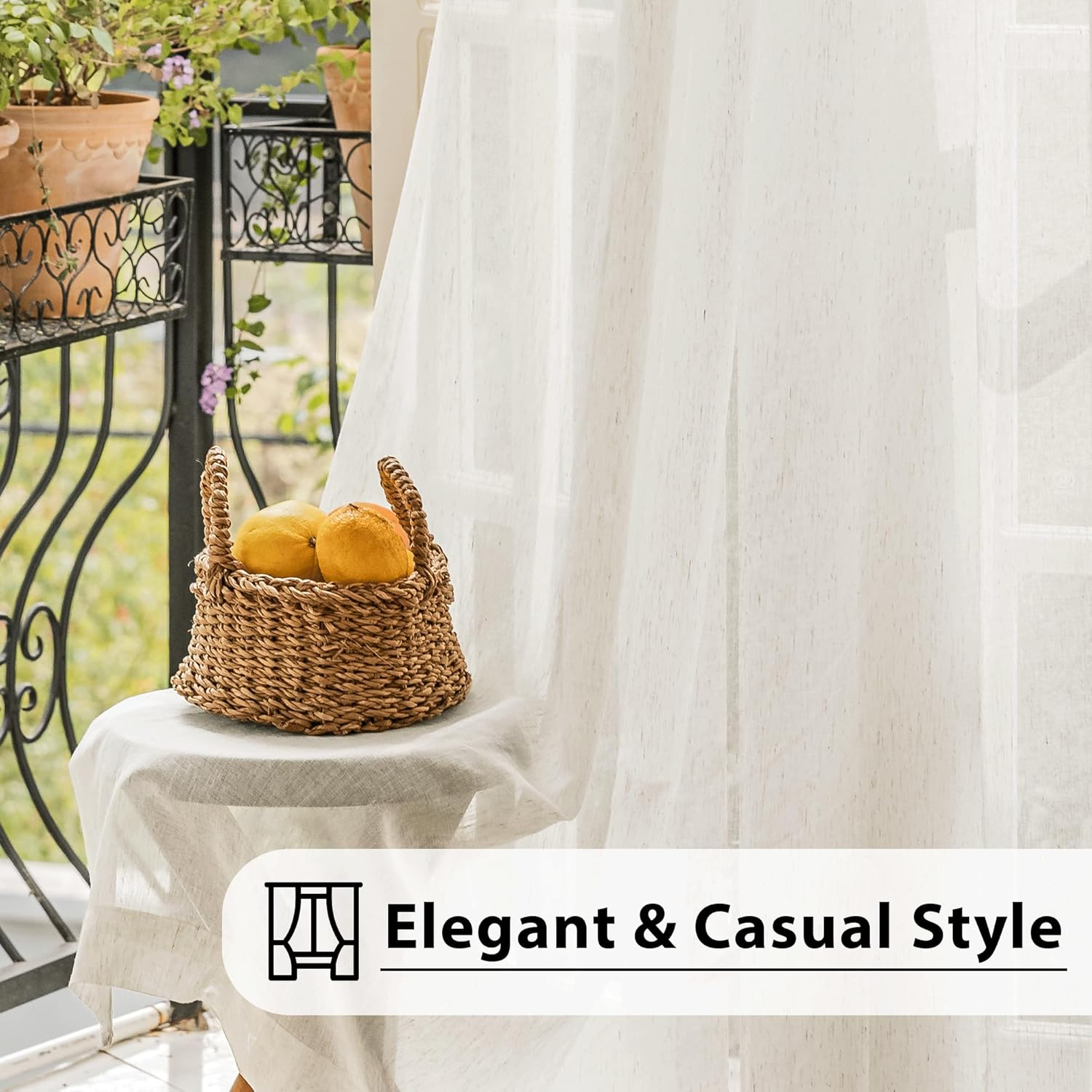 Linen Sheer Curtains 2 Panels, Fabric Polyester Linen Blend, Natural, 84" L | Window Curtains image number 1