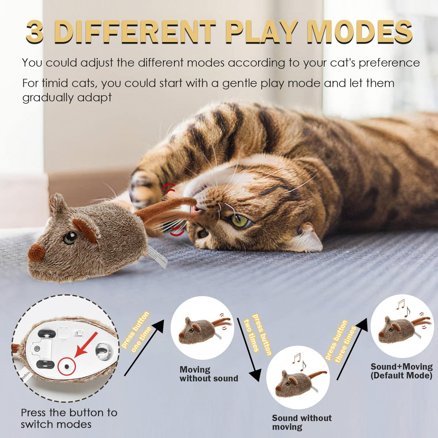 Pawsayes Cat Toys Squeaky Rechargeable Moving Mouse with Dynamic Magic Tail, Automatic Self Play Mouse Interactive Cat Toy for Indoor Cats, Kitten'S Electric Multi-Mode Activated Mouse Toy (Brown) - Black image number 5