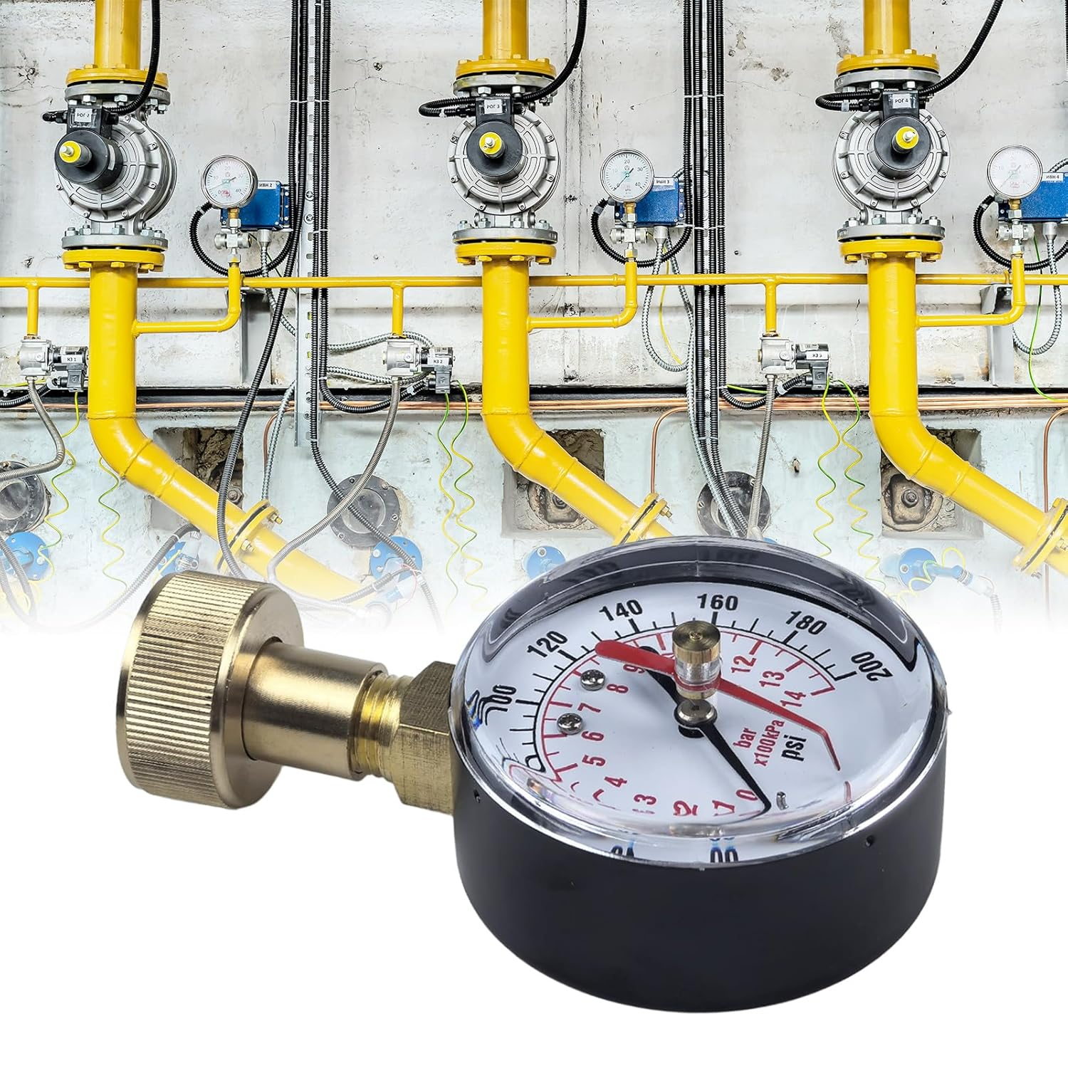 Universal Water Pressure Test Gauge, 0-200Psi 0-14Bar 3/4&rdquo; Radial Water Steam Gas Pressure Test Gauge Metal Hose Bib Gauge for Home Garden image number 6