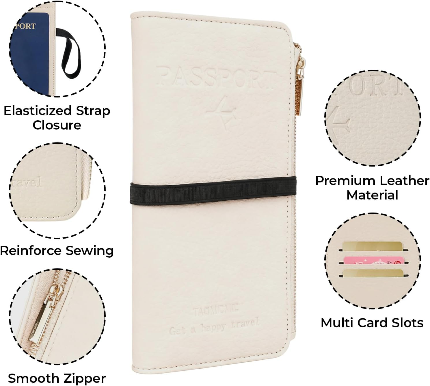 Tzylomirx RFID Passport Holder Wallet, Blocking Leather Travel Wallet with Zipper Pocket, Card Slots & Phone Compartment, Waterproof Travel Organizer Passport Case for Women & Men (White) image number 2