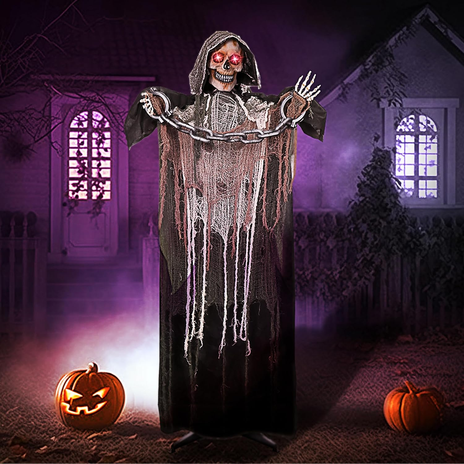 JOYIN 67" Halloween Decorations Outdoor Life Size Animatronics Grim Reaper with Chain, Sound-Actived Party Decor with Creepy Sound, Scary Haunted House Props for Garden Yard Lawn image number 6